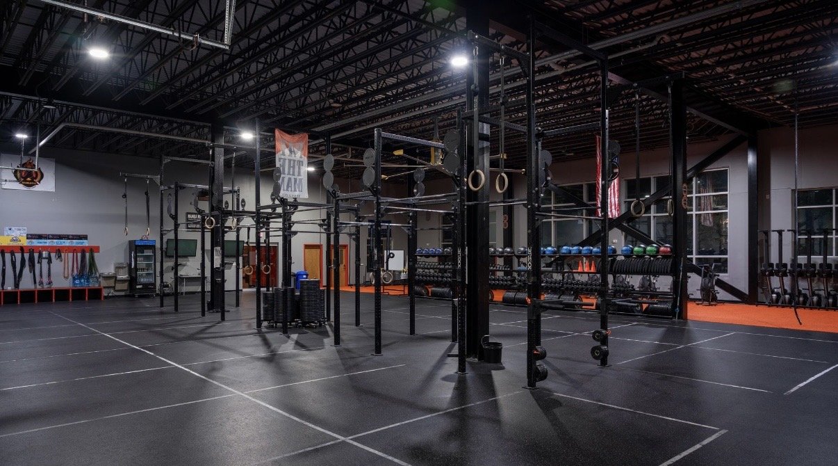 CrossFit training rig and workout floor at QC Fit West Charlotte.