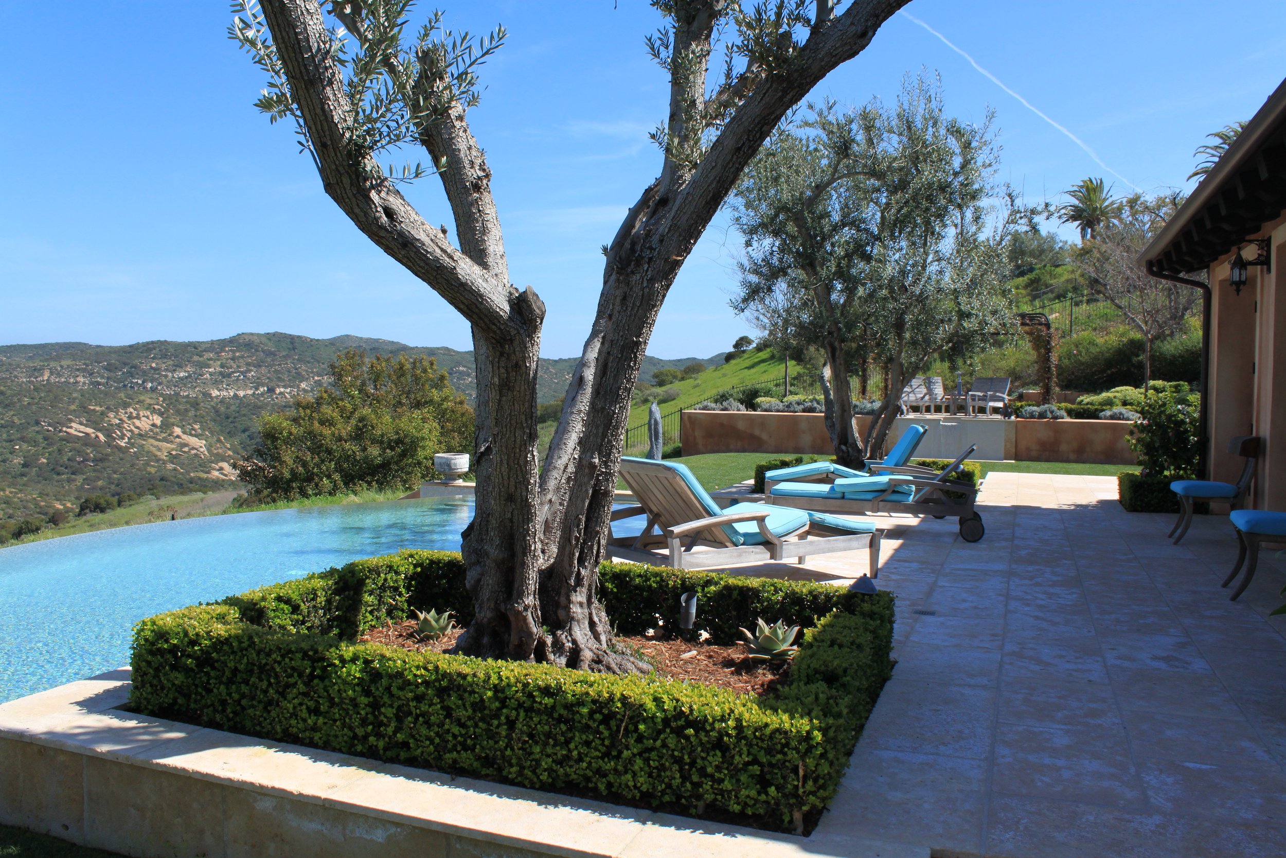 A backyard with a swimming pool, lounge chairs, and trees, overlooking a hilly landscape under a clear blue sky.
