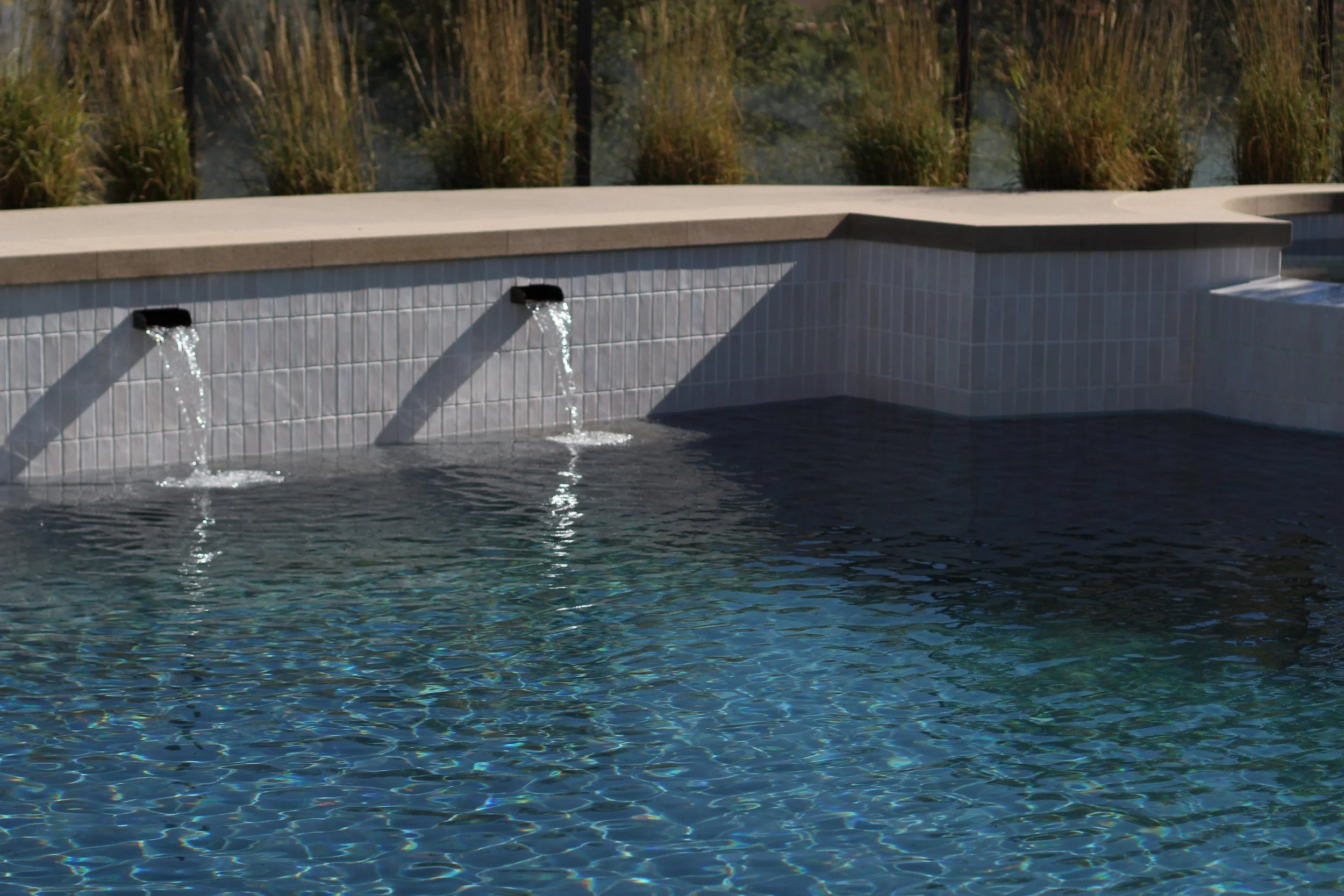 A pool with three water spouts on the tiled edge, with a backdrop of tall grasses and trees.