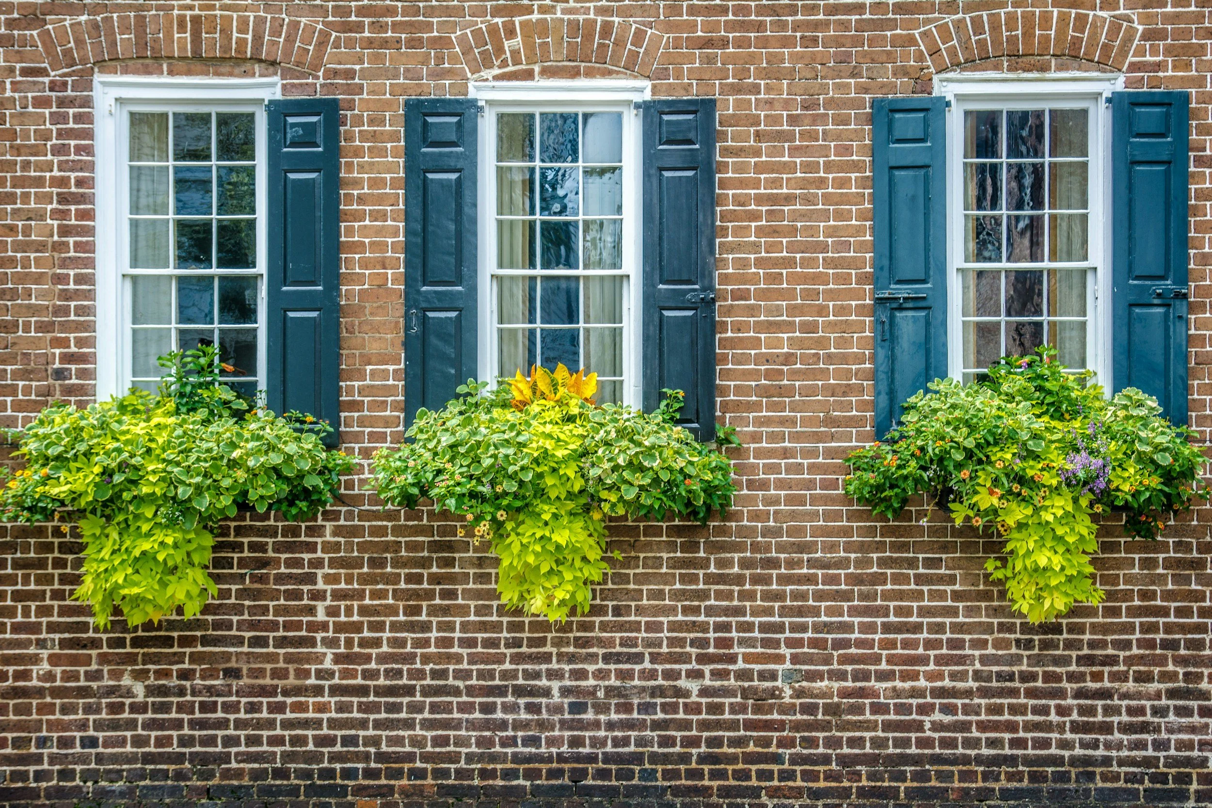 Exterior of a clean brick home with windows and planter boxes