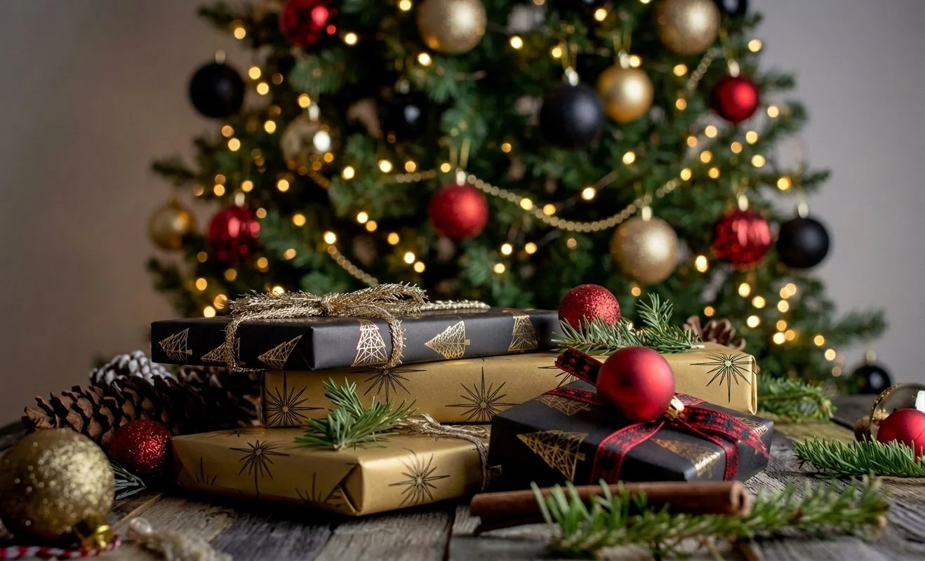 Christmas presents wrapped in gold and black paper with ribbons, surrounded by pinecones, Christmas ornaments, evergreen branches, and cinnamon sticks, with a decorated Christmas tree in the background.