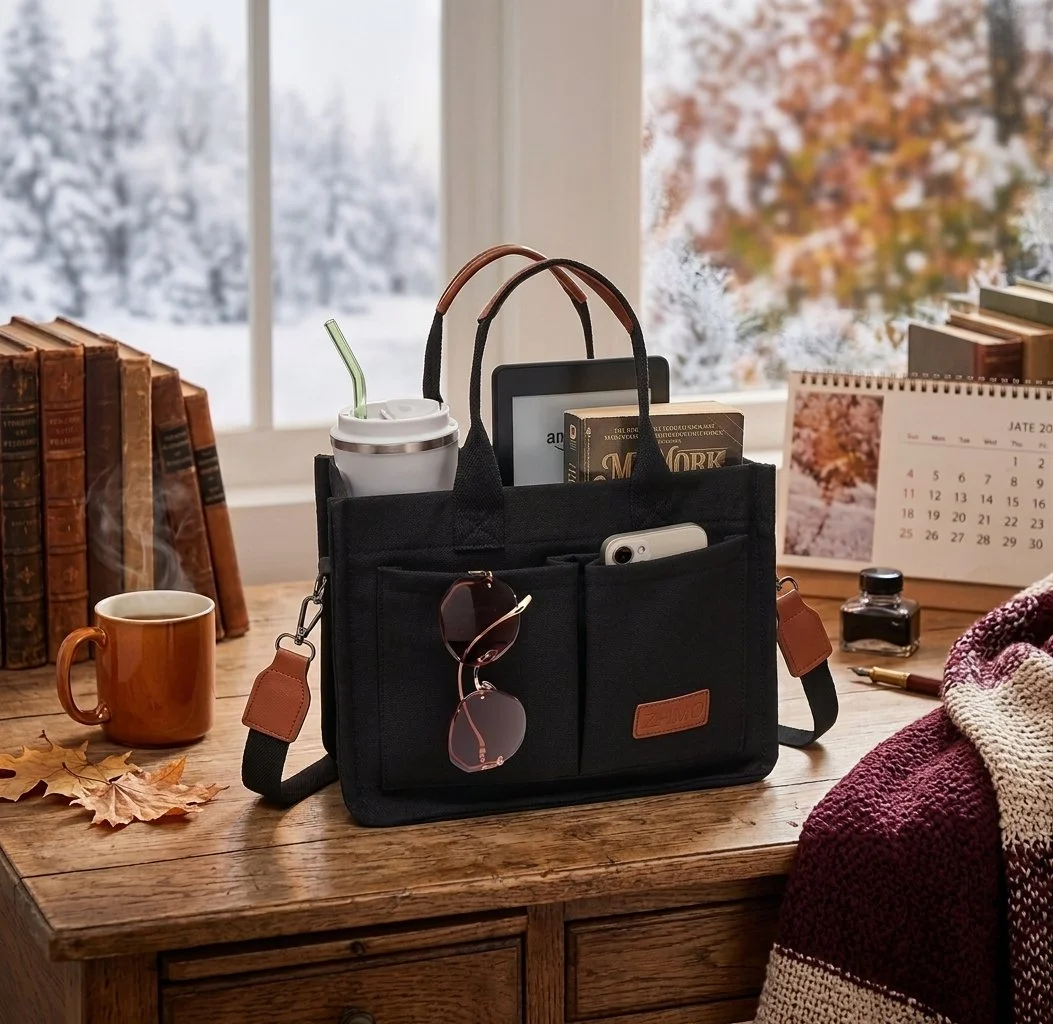 A black organizer bag on a wooden desk filled with a coffee cup, sunglasses, a book, a tablet, and a smartphone, with a window showing autumn leaves outside.