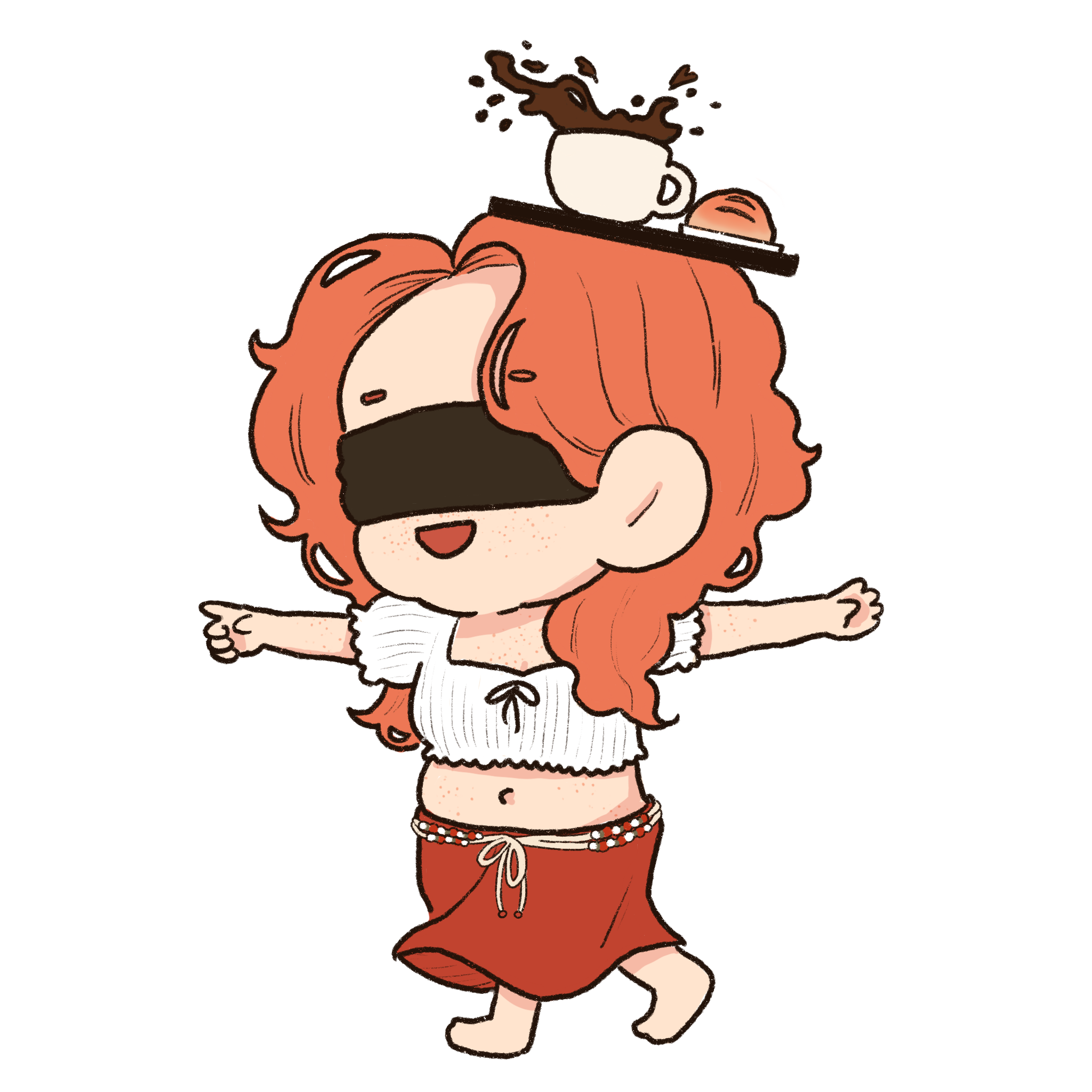 A cartoon girl with red hair, wearing a white top, red pants, and a red beaded necklace, is enjoying a cup of coffee or tea.
