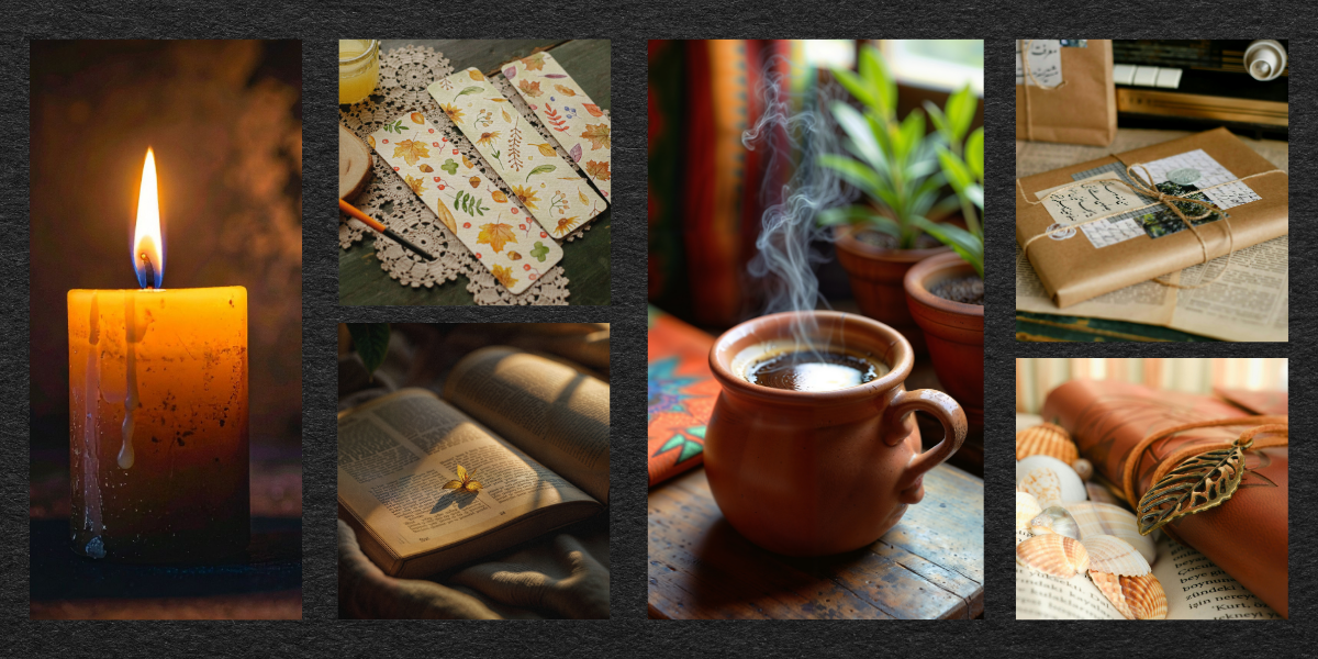 A collage of cozy, rustic items including a lit candle, decorative fabric with leaves, a steaming mug of coffee, a wrapped gift, an open book with a bee on the page, a potted plant, and a rolled-up piece of paper tied with string, all set on wooden and fabric surfaces.