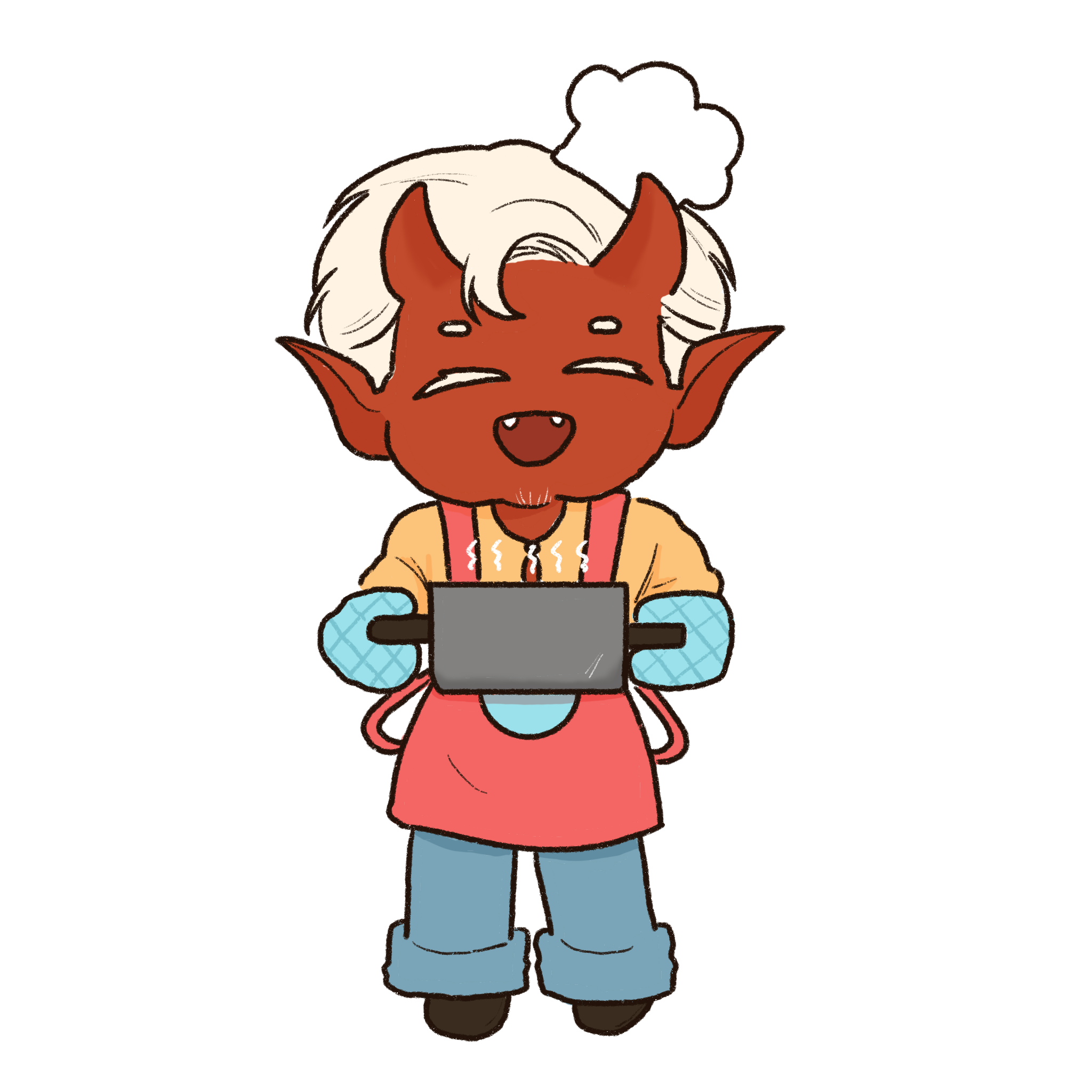 A cartoon-style character with a pig-like face, small tusks, and pig ears, wearing a tan jacket, blue pants, and blue gloves, looking at a tablet device.