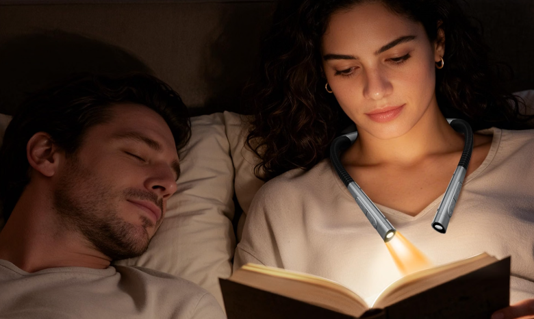 A woman with a headlamp reading a book while lying in bed next to a sleeping man with curly hair.