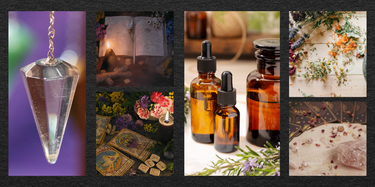 A collage of images related to healing, spirituality, and aromatherapy. It includes a crystal pendulum, a spellbook with candles, essential oil bottles, dried herbs and flowers, tarot cards, and crystals.