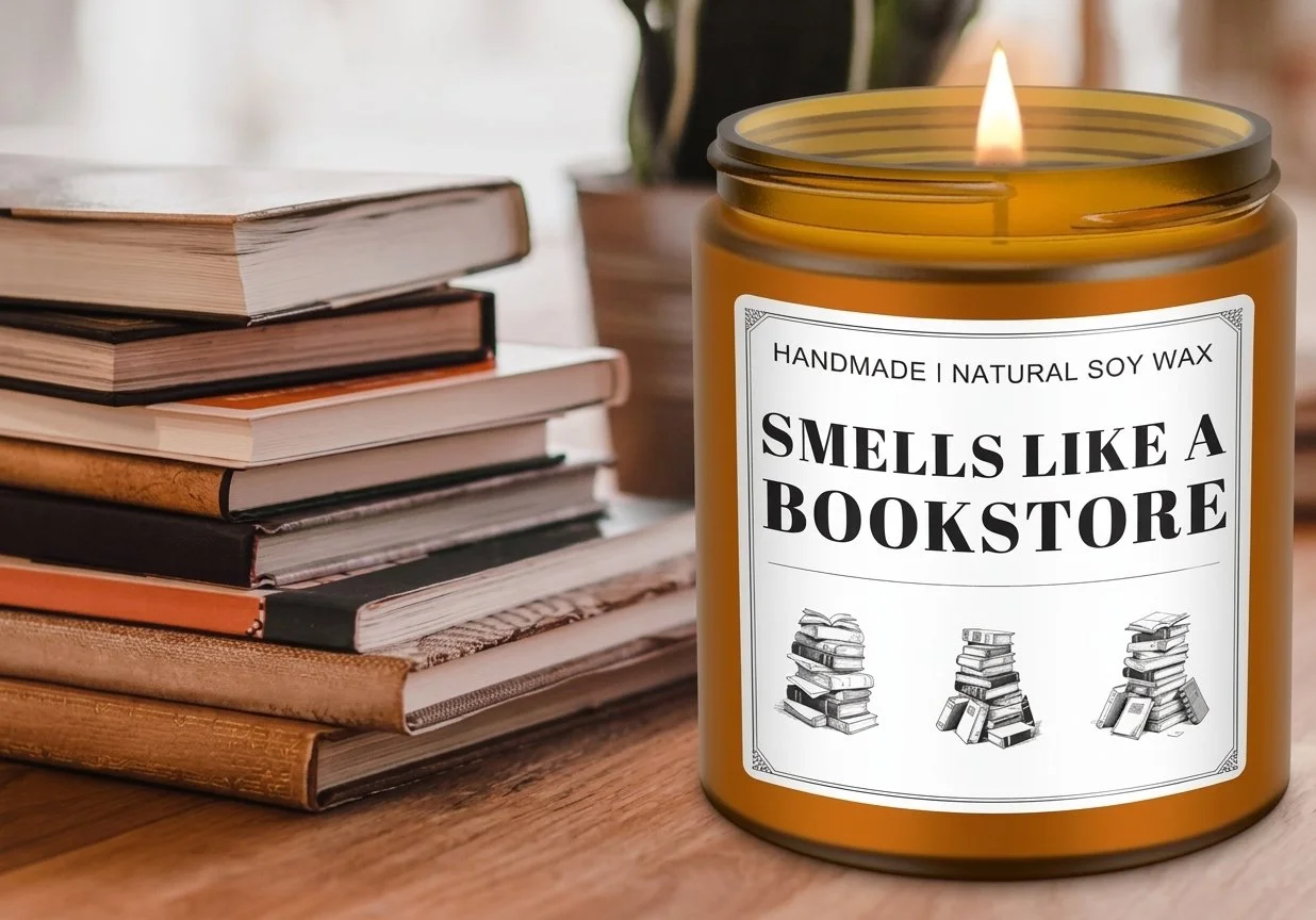 A lit candle in a glass jar labeled "Handmade | Natural Soy Wax," with the phrase "Smells Like a Bookstore" and illustrations of stacks of books on the front, placed on a wooden surface next to a stack of books.
