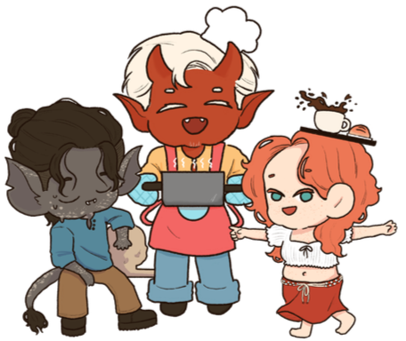 Three cartoon characters, an elf, a devil, and a girl, are standing together. The elf has gray hair and ears, and is sitting with a relaxed expression. The devil has white hair, reddish skin, and is holding a laptop with a cheerful expression. The girl has curly red hair, is smiling, and has a teapot on her head. They all appear happy and engaged.