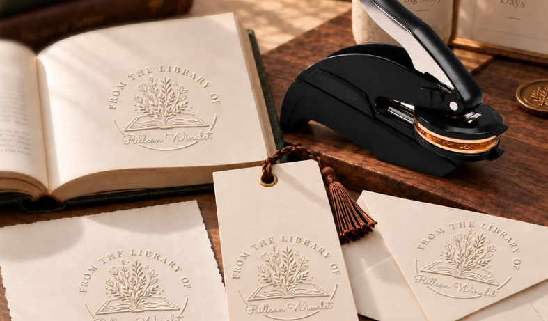 Open and blank sheets of paper with embossed library logo, a name tag with the same logo, and a black date stamp on a wooden desk.
