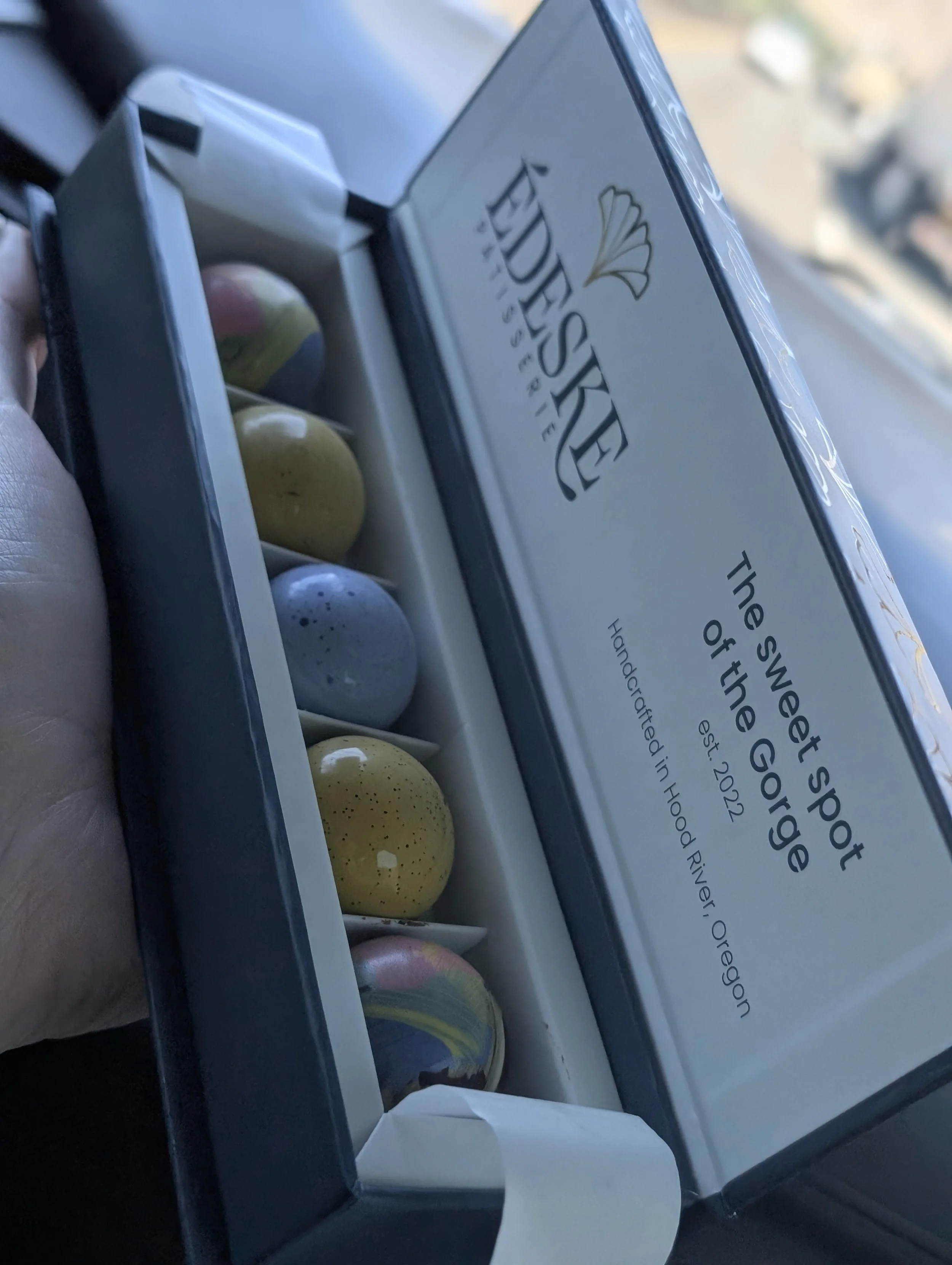 A box of assorted eggs, including speckled and pastel-colored eggs, held in a person's hand near a window.