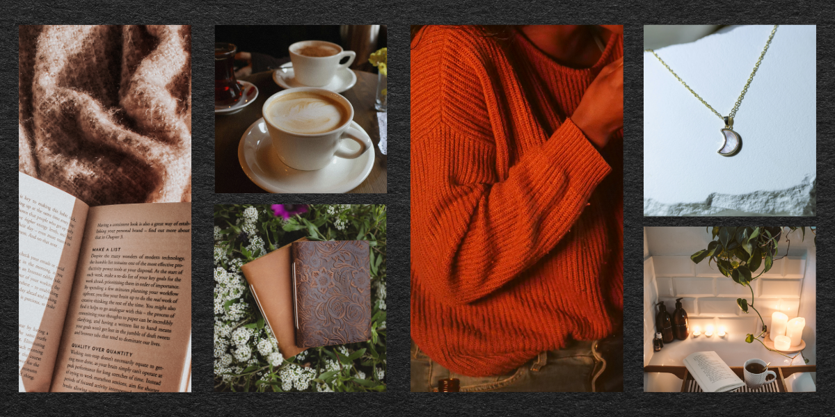 A collage of six photos featuring a cozy indoor setting. One photo shows a fuzzy brown blanket or clothing, another shows two cups of coffee or tea on white saucers, the third displays a person wearing an orange sweater, the fourth highlights a gold moon pendant necklace, the fifth shows a leather-bound journal and a floral-patterned notebook, and the last depicts a small table with candles, a potted plant, an open book, and a cup of coffee or tea.