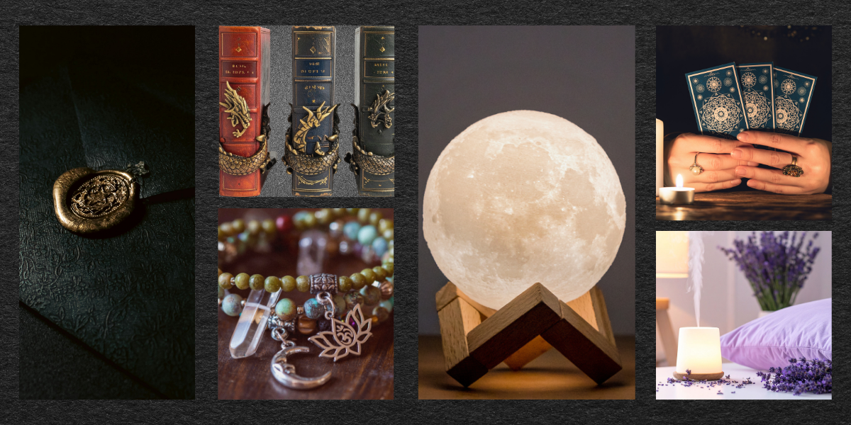 A collage of mystical-themed objects including a gold amulet, three antique books with dragon embellishments, a moon-shaped lamp, a tarot card reading, a beaded bracelet with charms, a lavender plant with candles, and a full moon night scene.