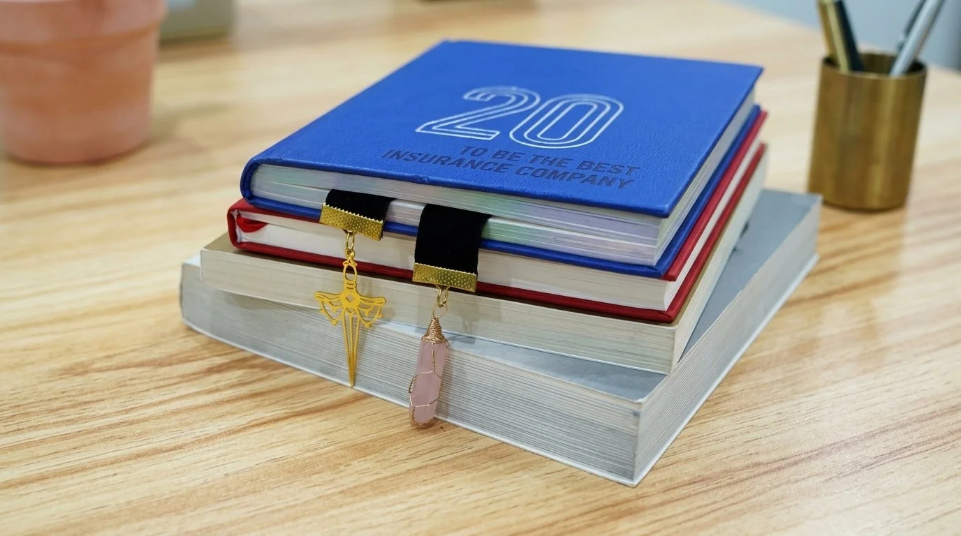 A stack of three notebooks and books on a wooden desk, with the top blue notebook titled '20 To Be The Best Insurance Company', and two bookmarks attaching charms, one yellow and one pink. In the background, there is a potted plant and a cup holding pencils.