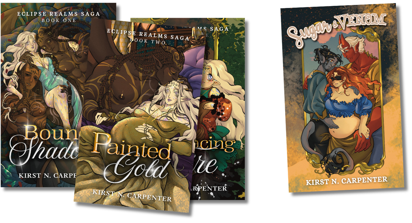 The image displays multiple book covers for the 'Eclipse Realms Saga' by Kirst N. Carpenter, including 'Bound Shade,' 'Painted Gold,' and 'Fading Fire,' with an additional cover titled 'Sugar & Venom' by the same author.