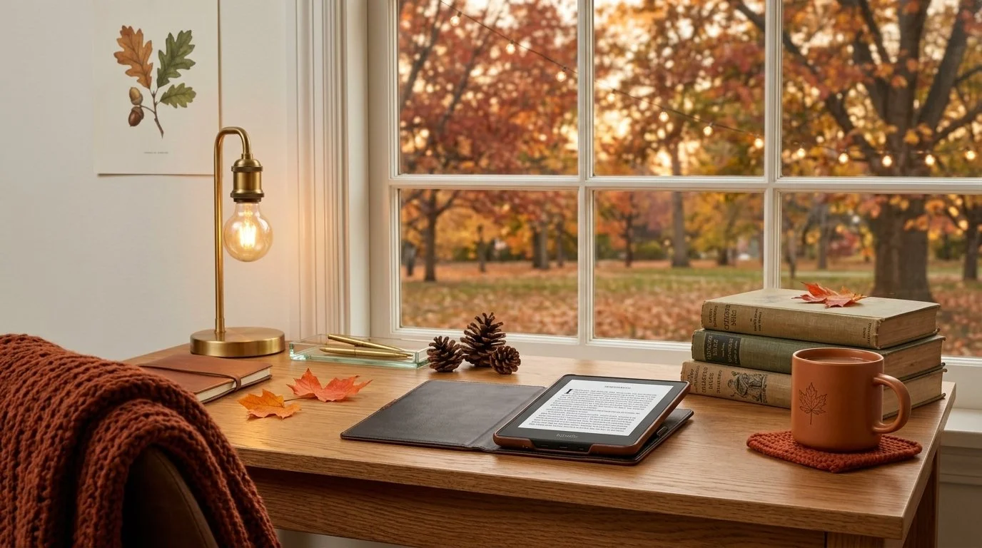 A cozy autumn-themed workspace with a wooden desk by a window showing fall trees. The desk has a brass desk lamp, a tablet with a black cover, a stack of books, a ceramic mug with a leaf design on a knitted coaster, some pinecones, and scattered fall leaves.