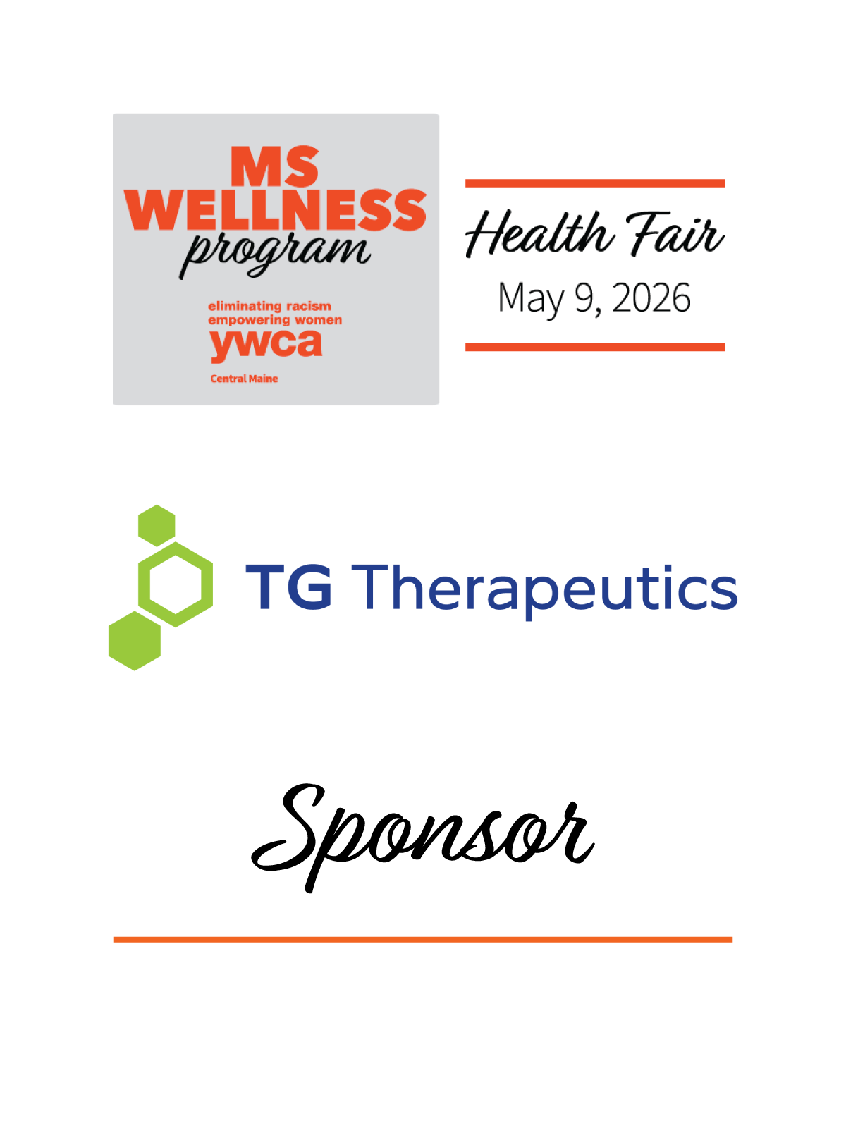 Promotional flyer for MS Wellness Program Health Fair on May 9, 2026, featuring logos for YWCA Central Maine and TG Therapeutics.