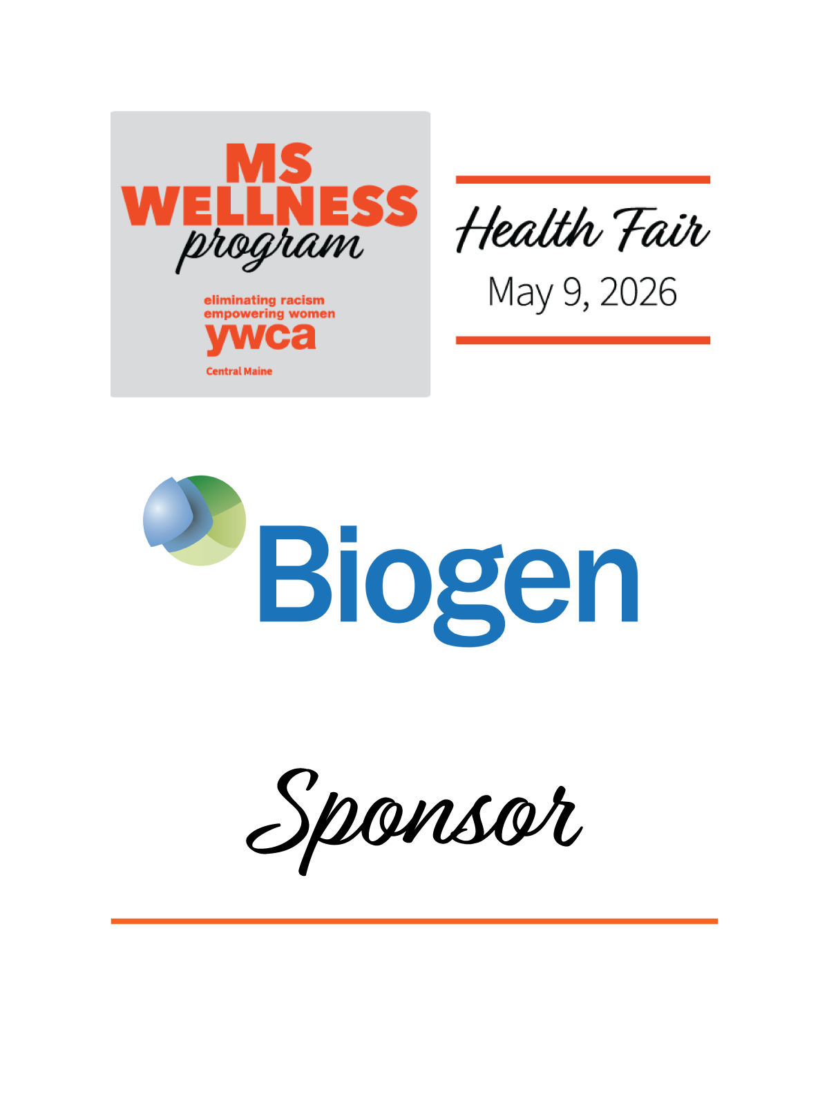 A promotional graphic for the MS Wellness Program, a health fair scheduled for May 9, 2026, organized by YWCA Central Maine, featuring the Biogen logo.