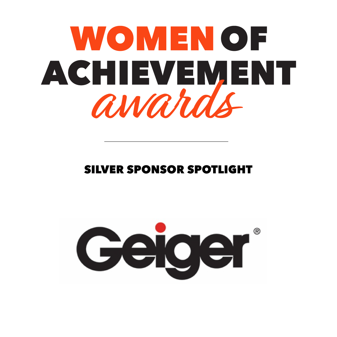 Announcement for Women of Achievement Awards, featuring a Silver Sponsor Spotlight on Geiger, with bold black and red text on a white background.
