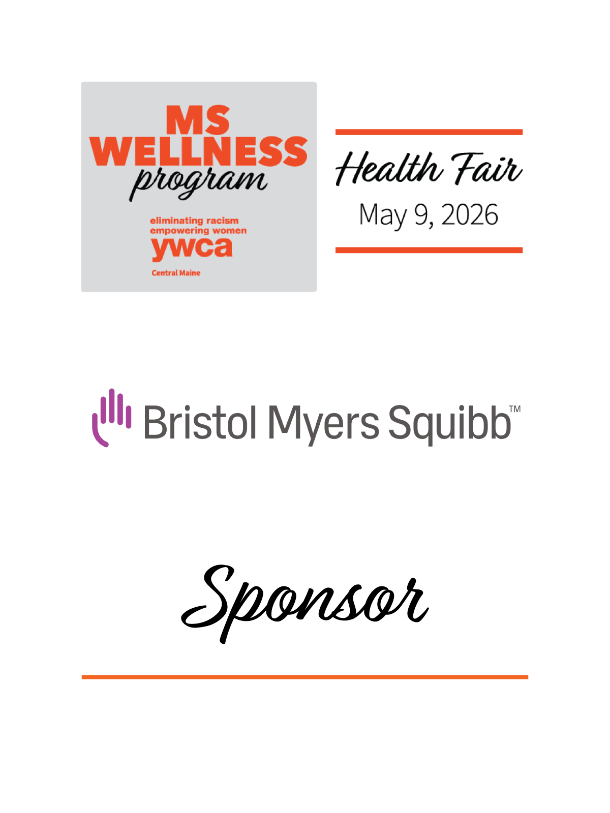 Event invitation for MS Wellness Program Health Fair on May 9, 2026, featuring YWCA Central Maine and Bristol Myers Squibb logos.