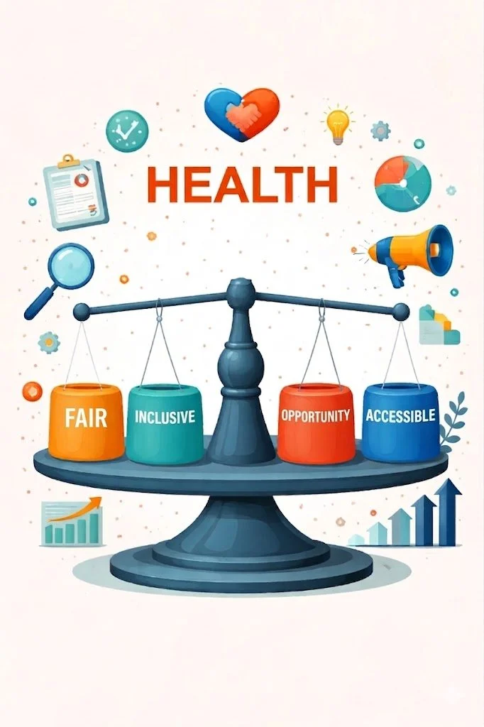 A balance scale with four labeled containers: Fair, Inclusive, Opportunity, Accessible. Around the scale are icons representing health, progress, and communication, with the word 'Health' at the top.