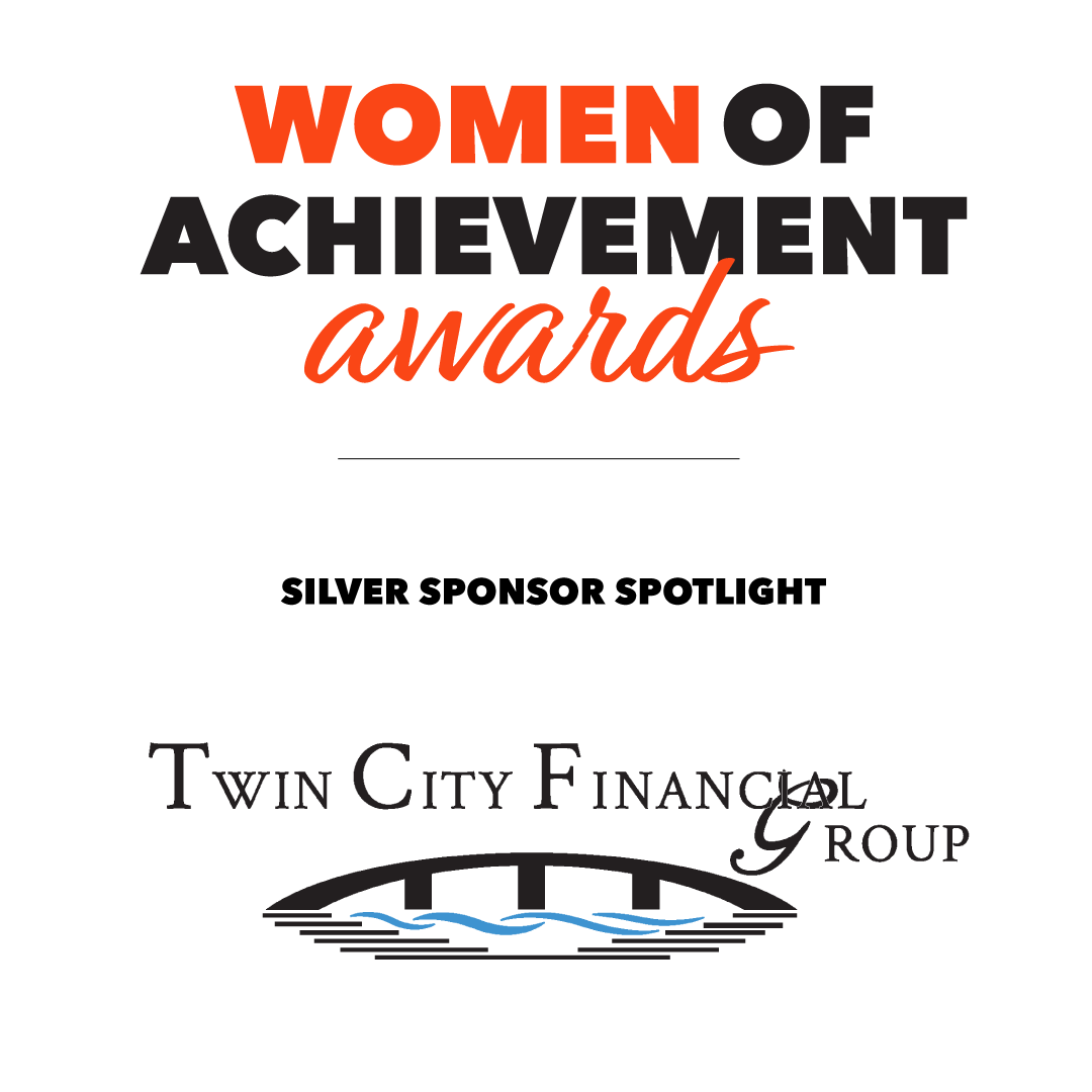 Image of a Women of Achievement Awards poster featuring a Silver Sponsor Spotlight for Twin City Financial Group, with a logo of a bridge and water.
