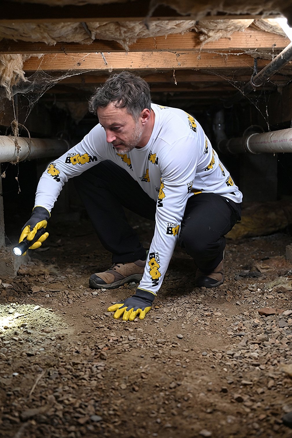 TickiBoom technician inspecting and installing a termite treatment in a Fort Mill home foundation