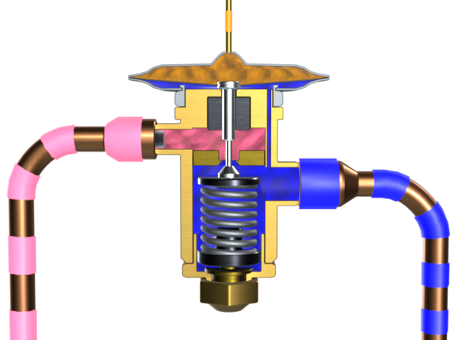 Expansion Valve cutaway with refrigerant flows.
