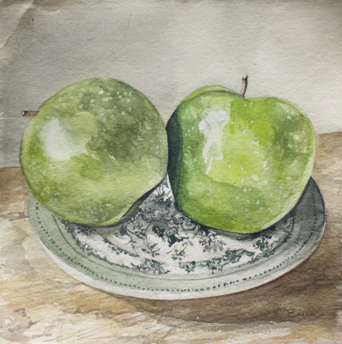 &ldquo;Granny Chic&rdquo; 🍏
7x7 watercolor painted on handmade paper
Now available on my website 

Finally made my way to @millcreek.manor and immediately knew I wasn&rsquo;t leaving that store without some plates for a plate wall. Haven&rsquo;t hun