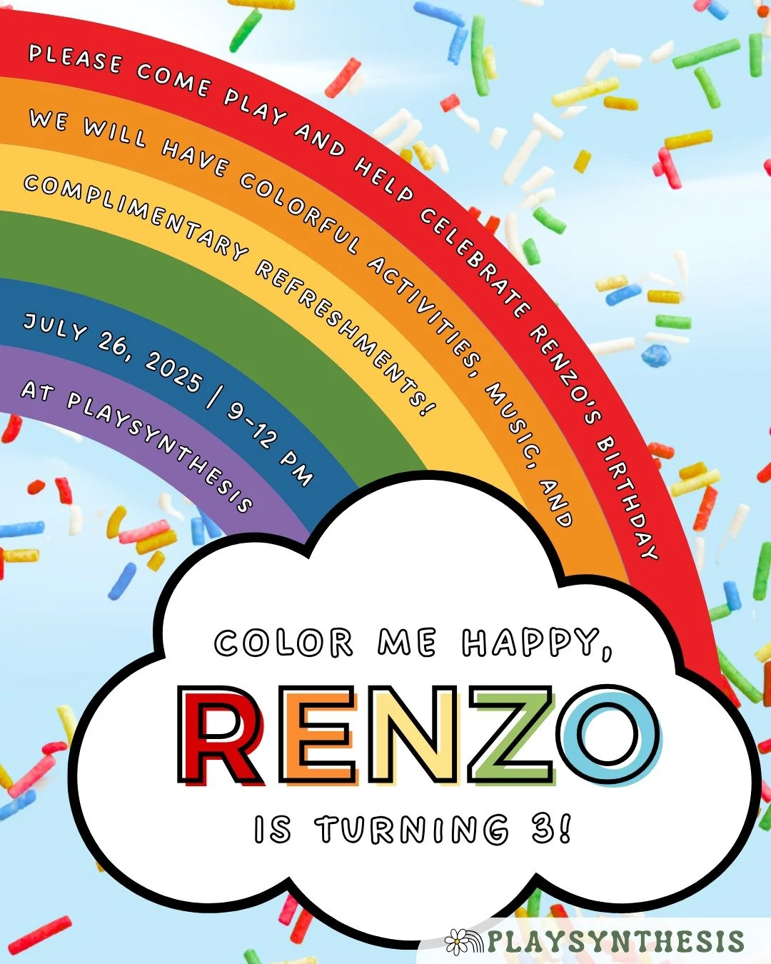 If you&rsquo;ve been to Playsynthesis, your kiddos have probably played with Renzo&mdash;he&rsquo;s turning 3 soon, and we&rsquo;d love for friends to help us celebrate with a little birthday party!

Join us for open play from 9:00 AM to 12:00 PM. We