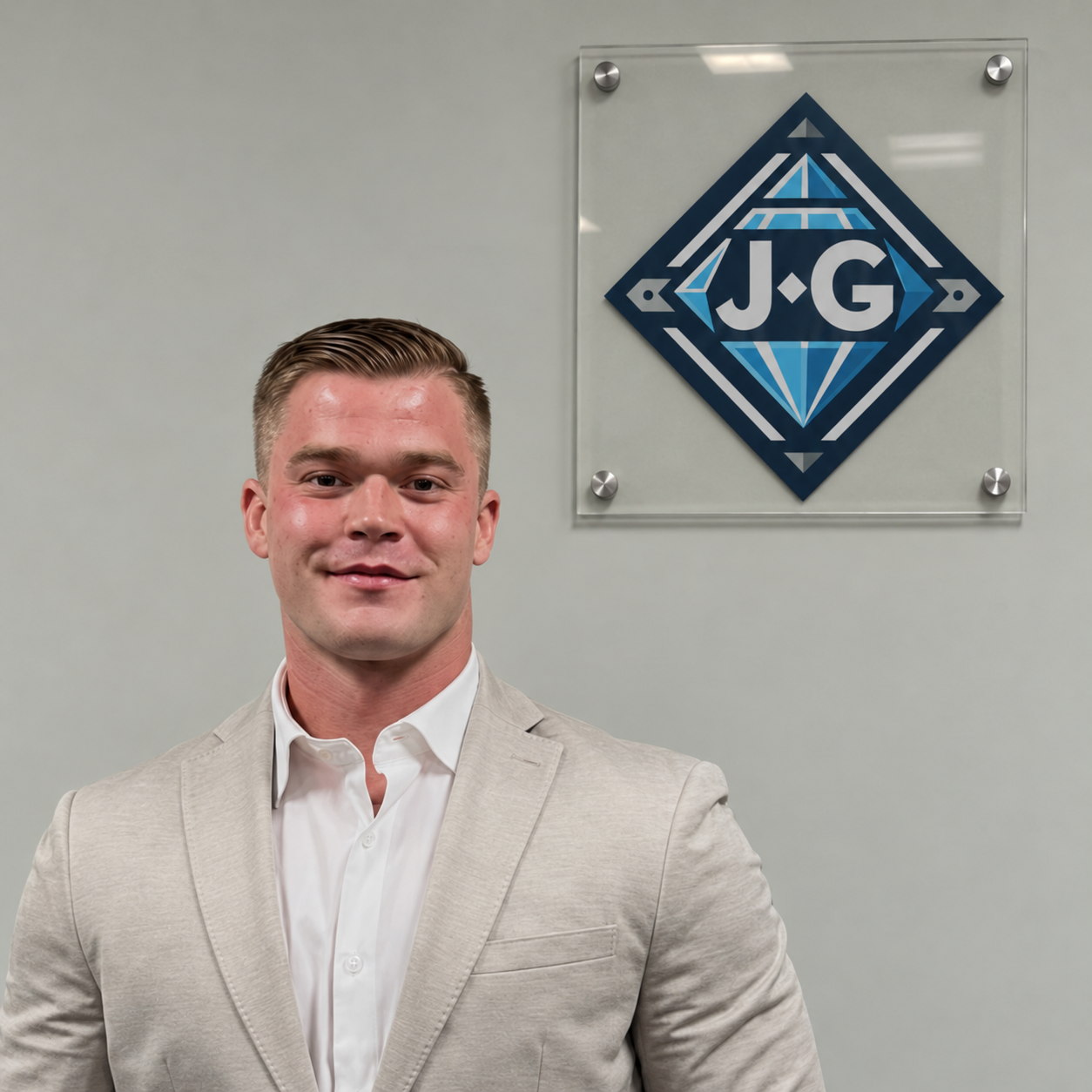 Walt Grischow, owner of J&G Epoxy Coatings, with the JG logo behind him