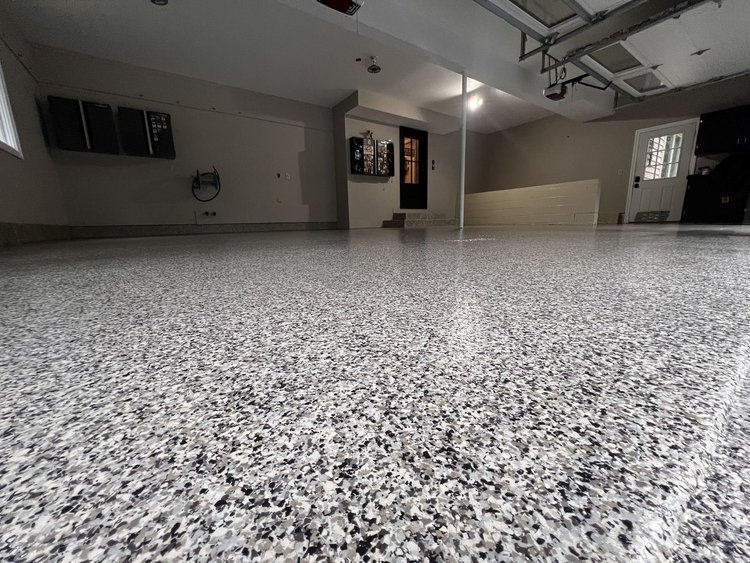 Flake garage floor with coated stairs