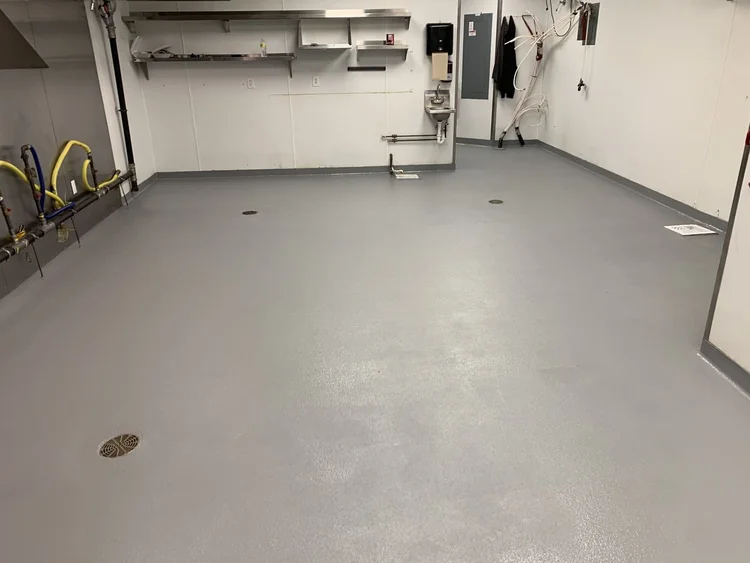 Urethane cement floor in a commercial kitchen with floor drain