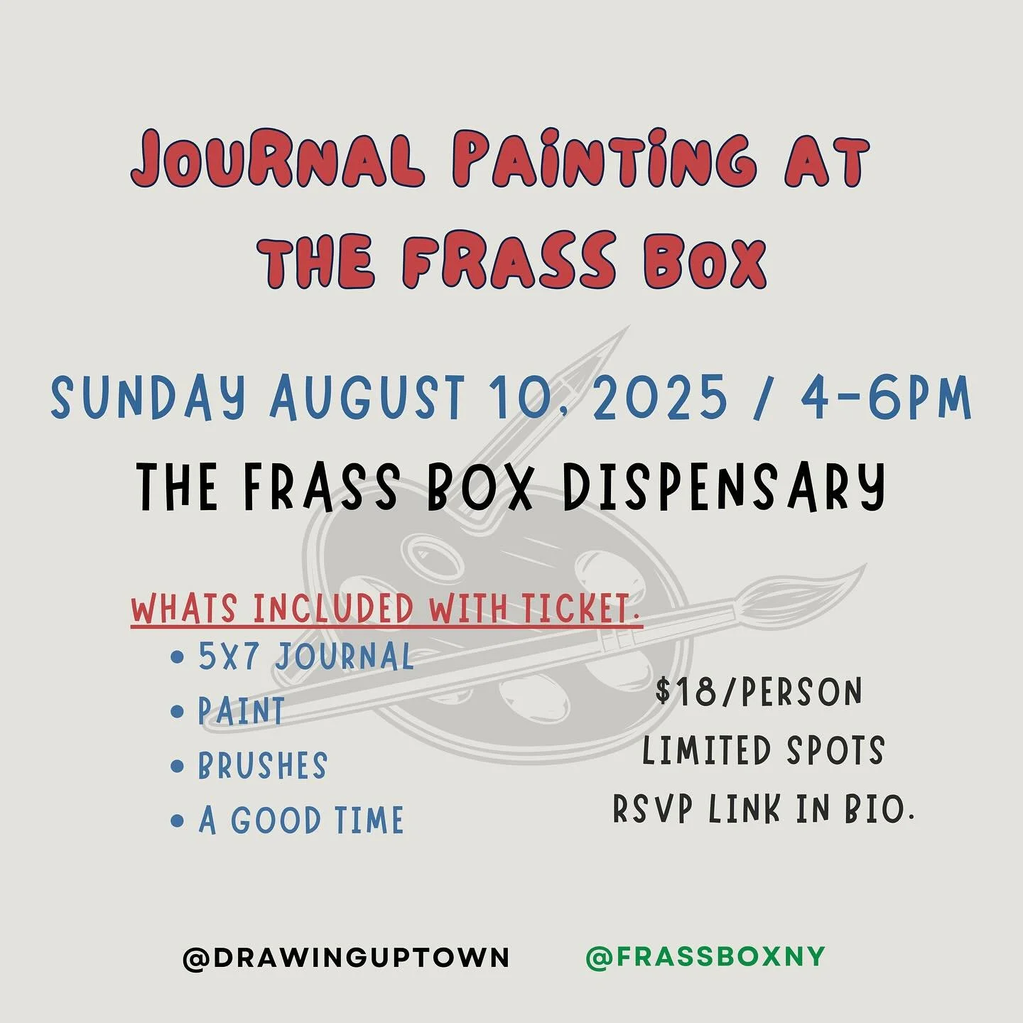 This Sunday, we are back at the @frassboxny and this time we are painting journals! Although I will be providing references, view this as a time to express your creativity with paint, stamps and some collaging materials to create a journal that is un