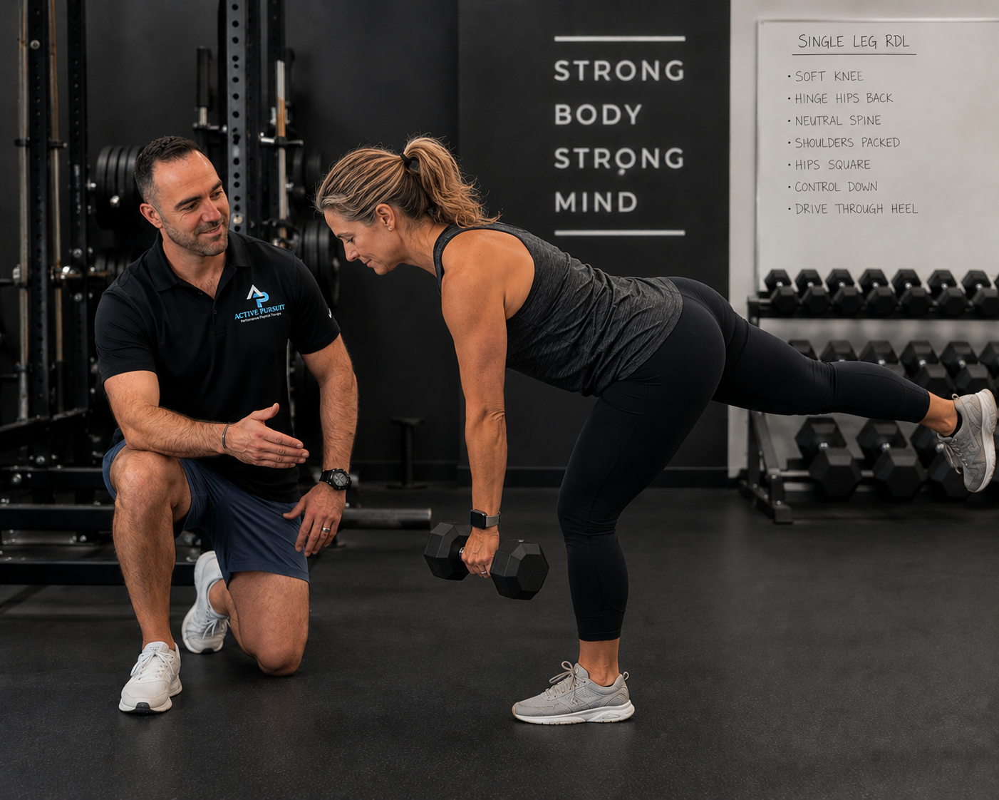 Physical therapist coaching an active adult through a single-leg Romanian deadlift to improve balance, hip stability, and lower body strength.