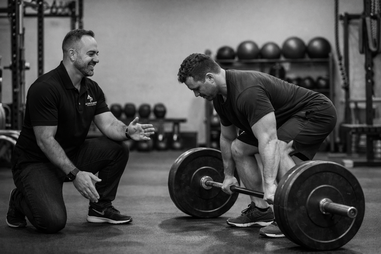 Athlete that is strength training being coached for proper technique.