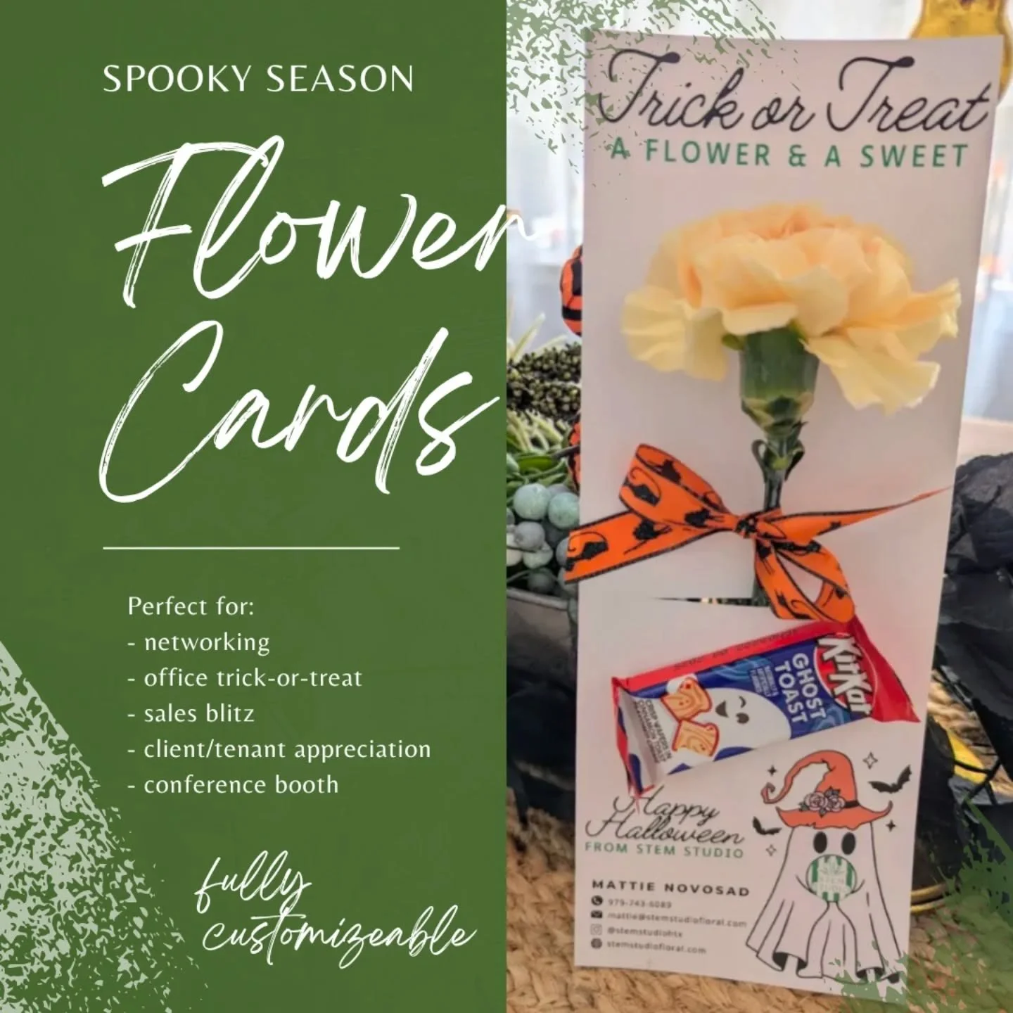 It's time to place orders for custom flower cards for spooky season! These cards are so versatile and can be completely customized to fit your needs. 

Choose the following: 
🖌️ Card design and graphic
🌼 Fresh flower
🍬 Candy
🎀 Ribbon

💧Water tub