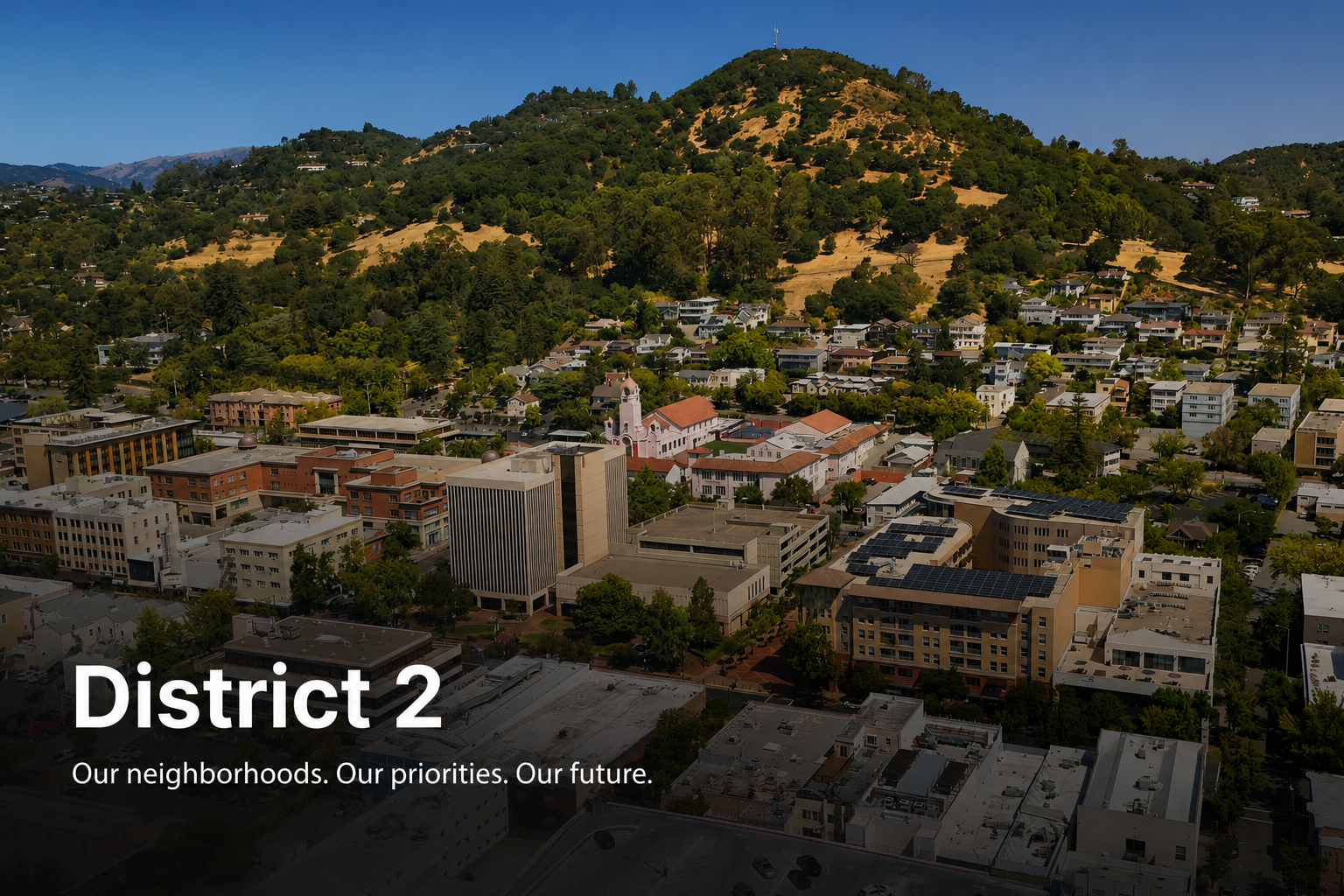 Aerial view of downtown San Rafael, California with San Rafael Hill in the background