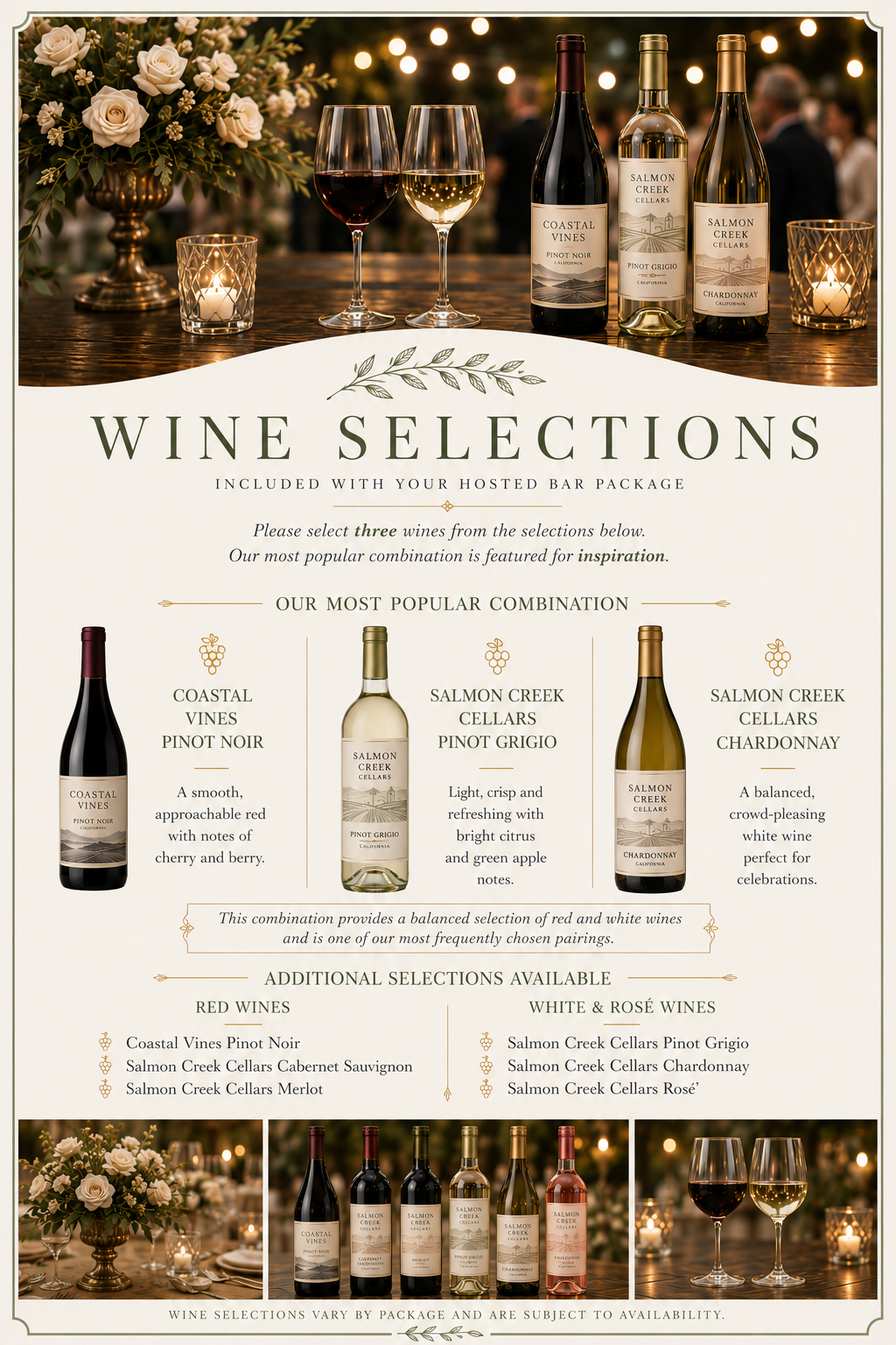 A printed menu for wine selections at an event, featuring bottles of red and white wine, glasses of wine, lit candles, and floral arrangements in a warm, elegant setting.