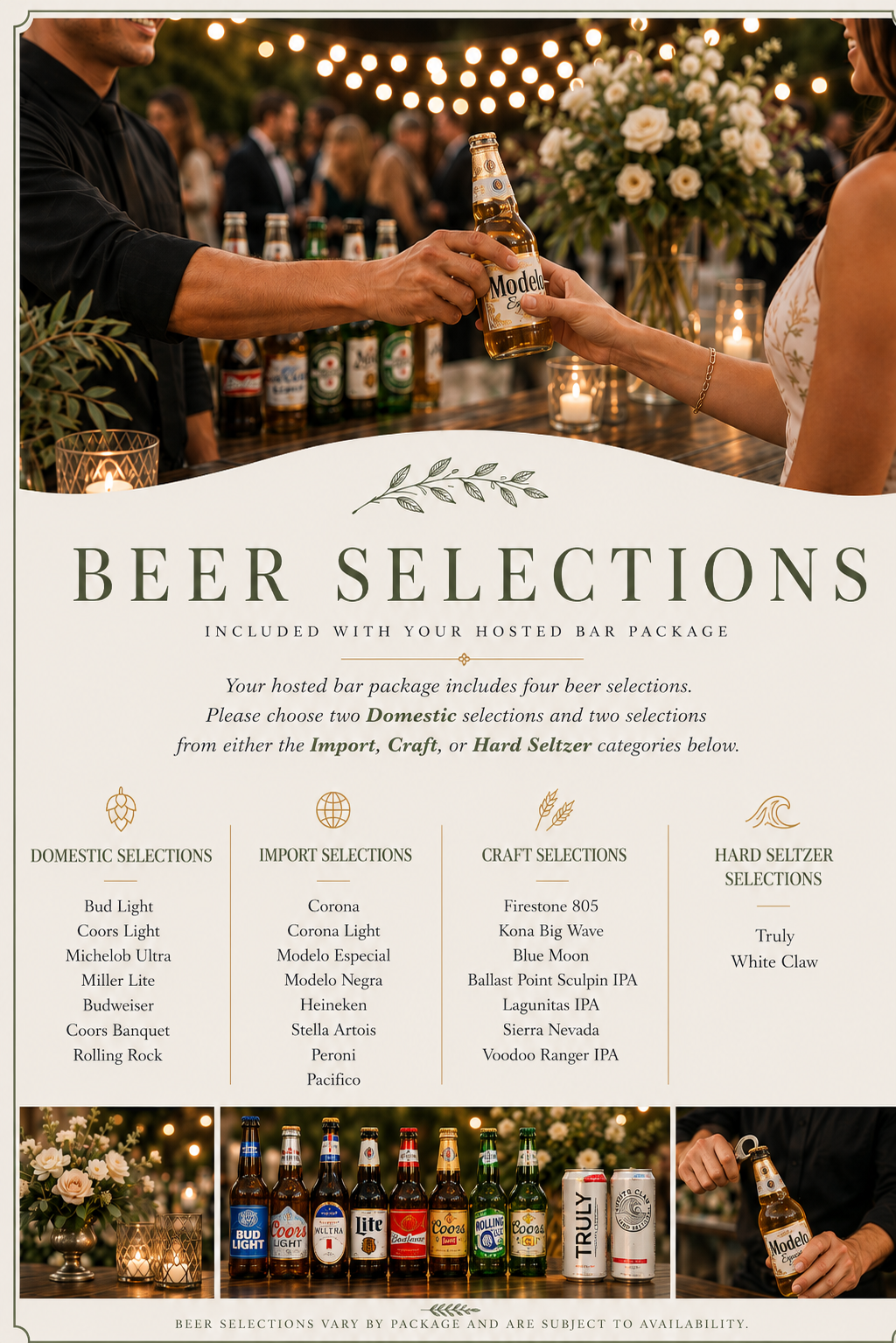 A bar at an outdoor event offering a beer selection menu with various beer bottles displayed and a person handing a Modelo beer to a woman, with string lights and floral arrangements in the background.