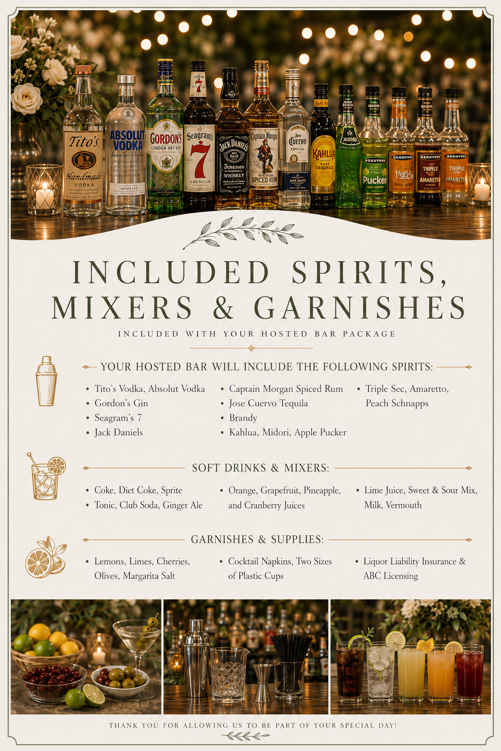 Sign listing included spirits, soft drinks, mixers, garnishes, and supplies for a hosted bar. Top shows various alcohol bottles including Tito's Vodka, Absolut Vodka, Gordon's Gin, Seagram's 7, Jack Daniels, Captain Morgan Spiced Rum, Jose Cuervo Tequila, Kahlua, Midori, Apple Pucker, Triple Sec, Amaretto, Peach Schnapps; bottom shows bowls of fruits, cocktails, bar tools, and garnishes.