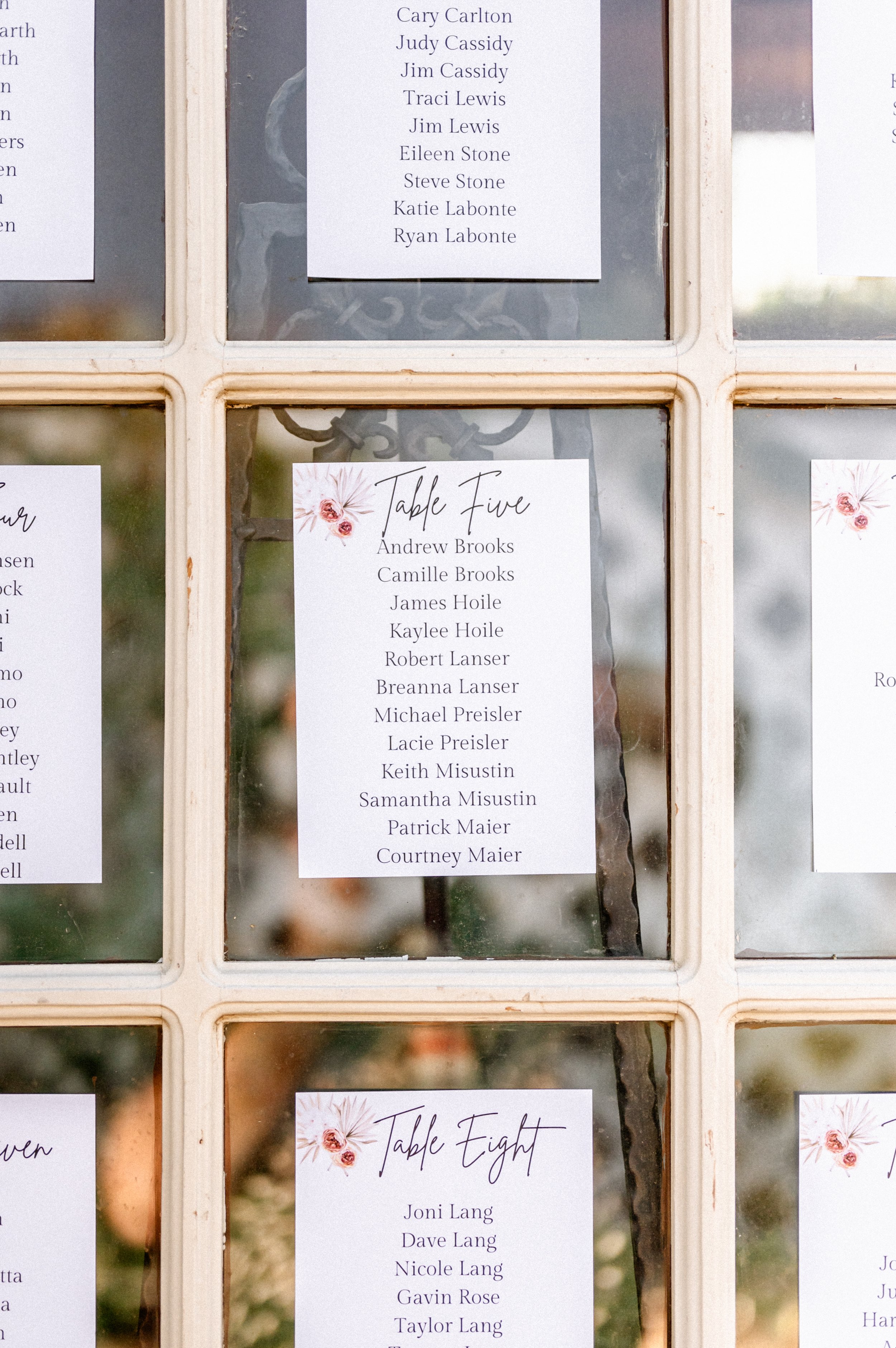 Wedding seating chart with tables five and eight, listing guest names.
