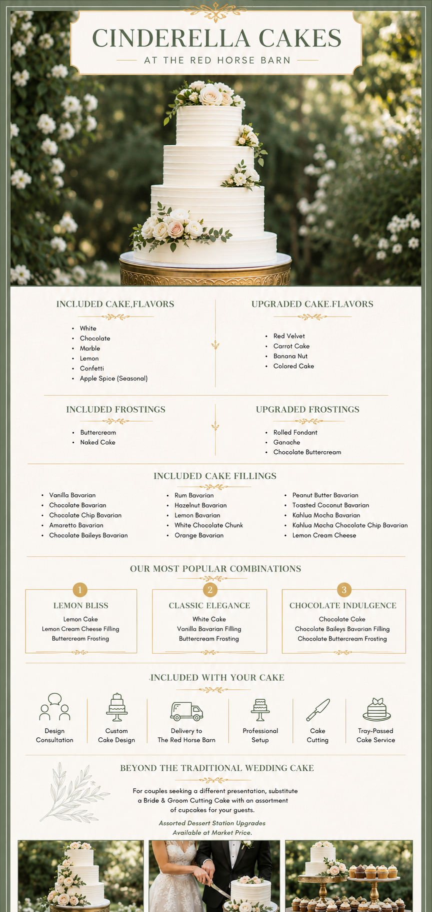 A wedding cake at the Red Horse Barn with three tiers decorated with white roses and greenery, displayed on a gold stand surrounded by foliage.