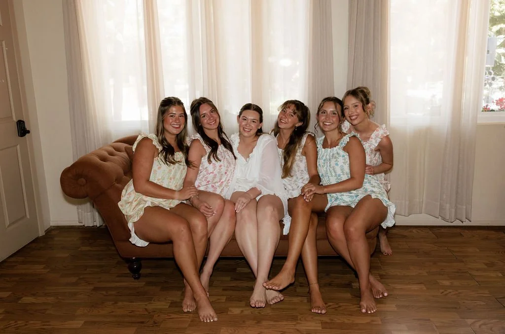 Bridal Party on Vintage Sofa Getting ready in the Brides Room at Red Horse Barn, Huntington Beach 