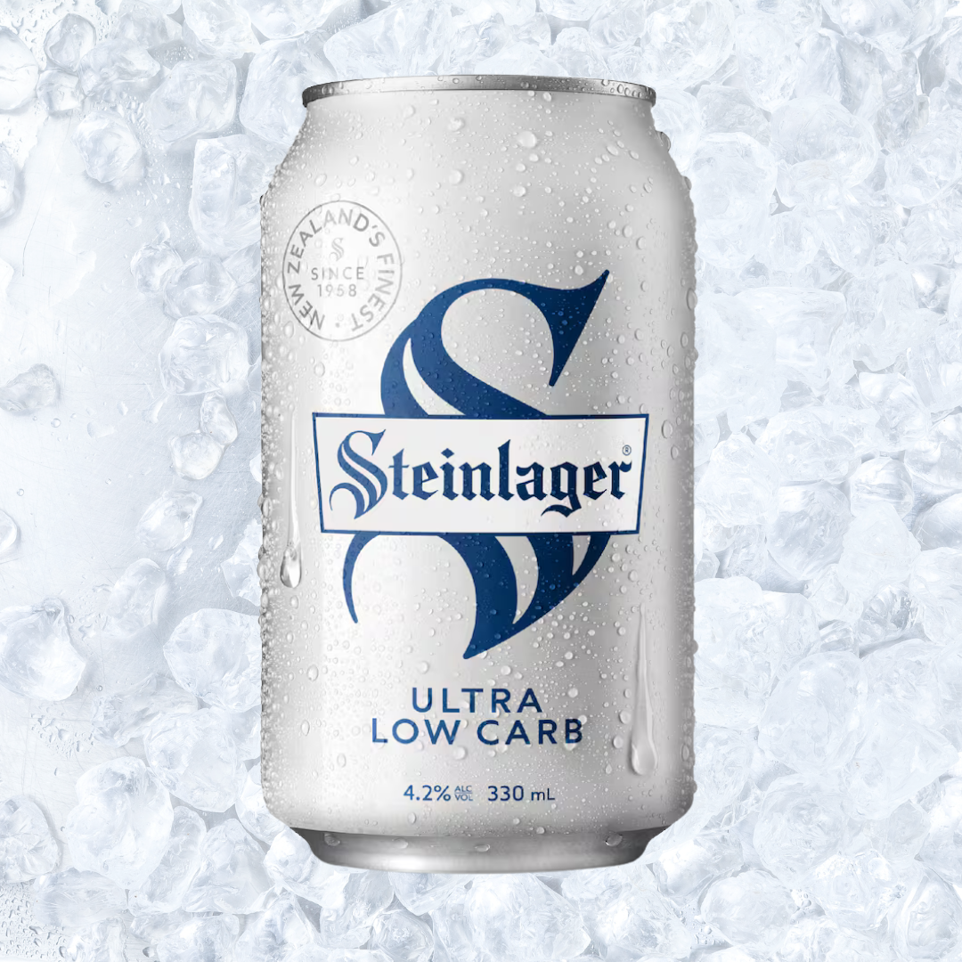 Can of Steinlager Ultra Low Carb beer with water droplets, placed on ice cubes