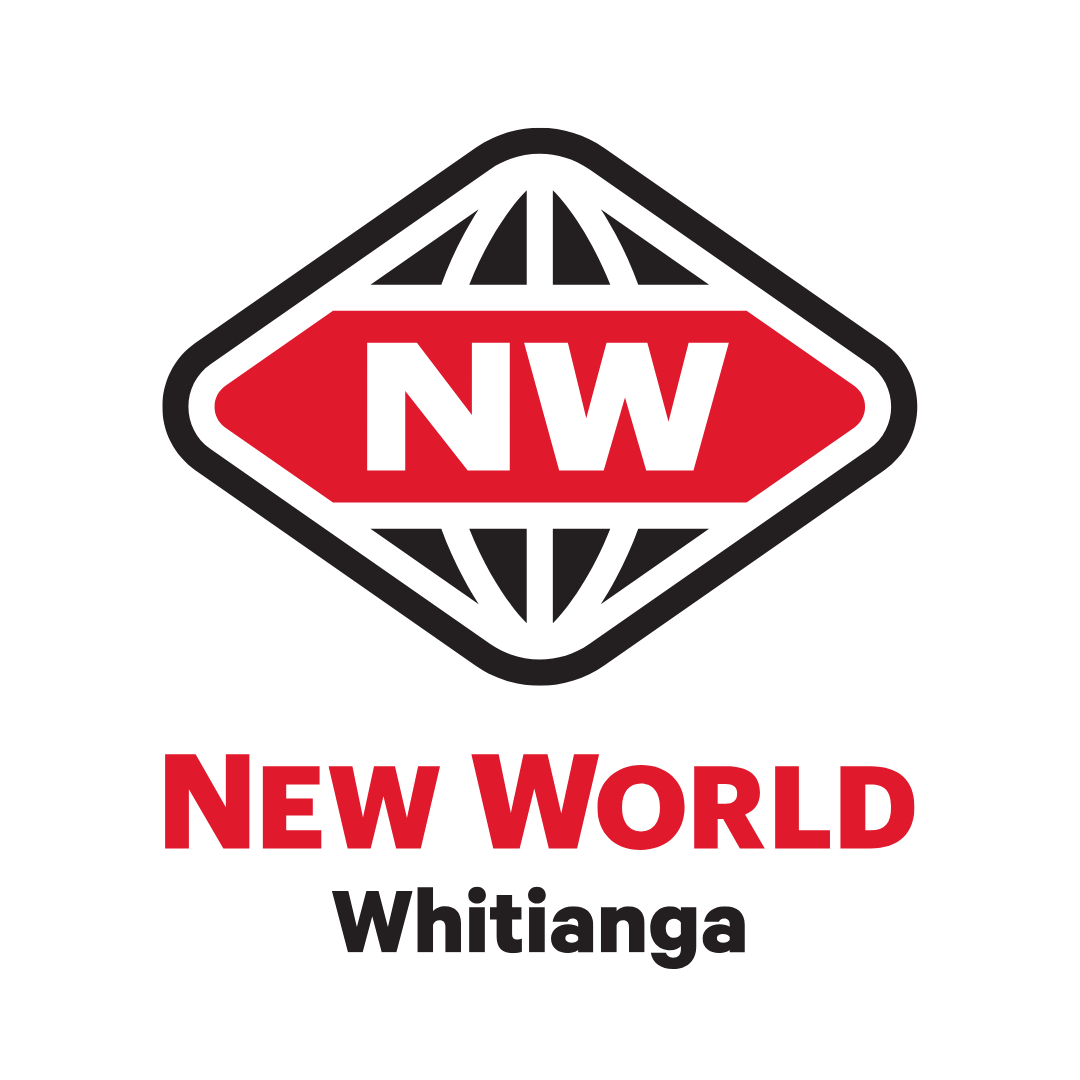 Logo of New World Whitiana featuring a stylized globe with the letters NW in the center, and the words "New World" in red and "Whitianga" in black below.