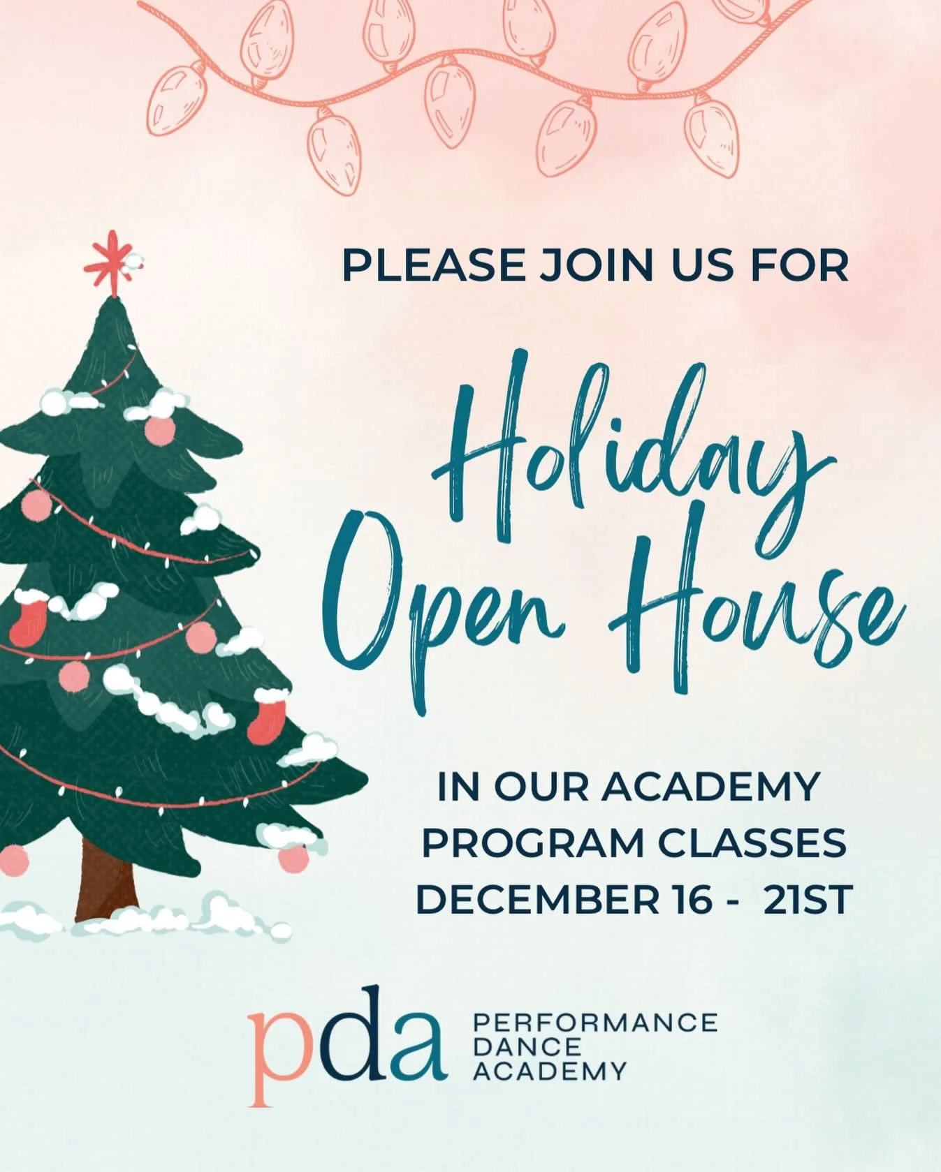 Holiday Open House starts TODAY! 🎄

The studio is set, the music is ready, and our dancers are excited to put on a festive performance for you! ✨
 Dancers, come dressed in your holiday best and get ready to shine 

PDA Academy Families, we can&rsquo