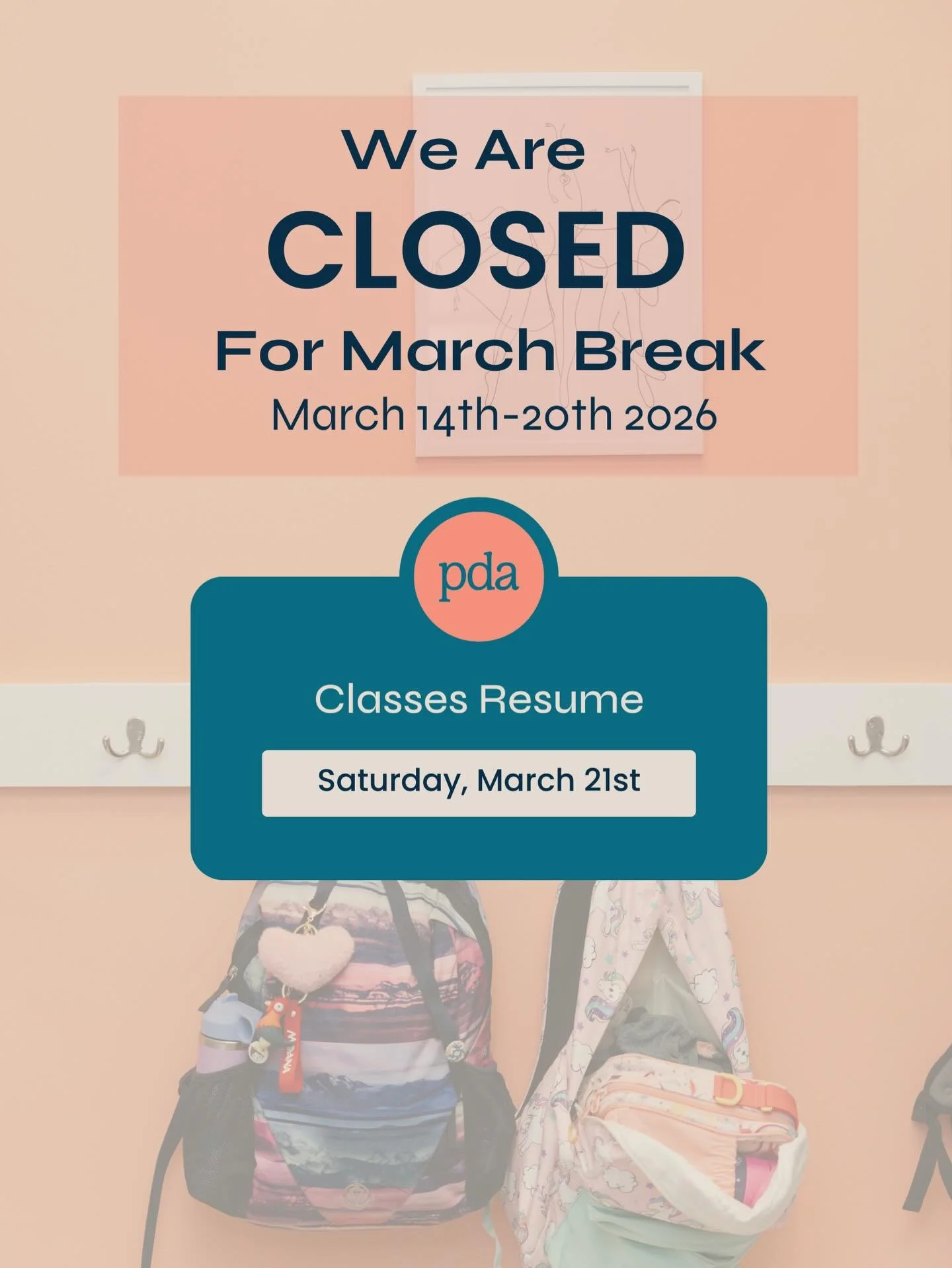 March Break Reminder

The studio will be closed for March Break from Saturday, March 14th through Friday, March 20th.

We hope all of our dancers enjoy a fun and restful week off!  We can&rsquo;t wait to see everyone back at the studio when classes r