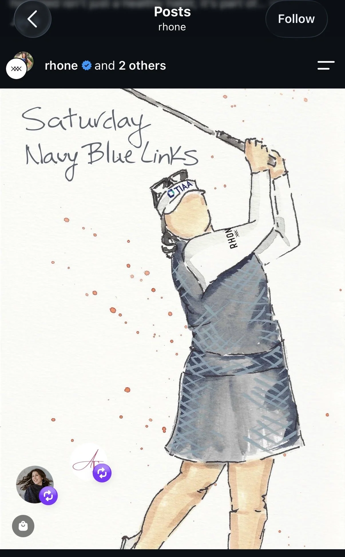 screenshot of a watercolor painting posted on social media of a woman golfing