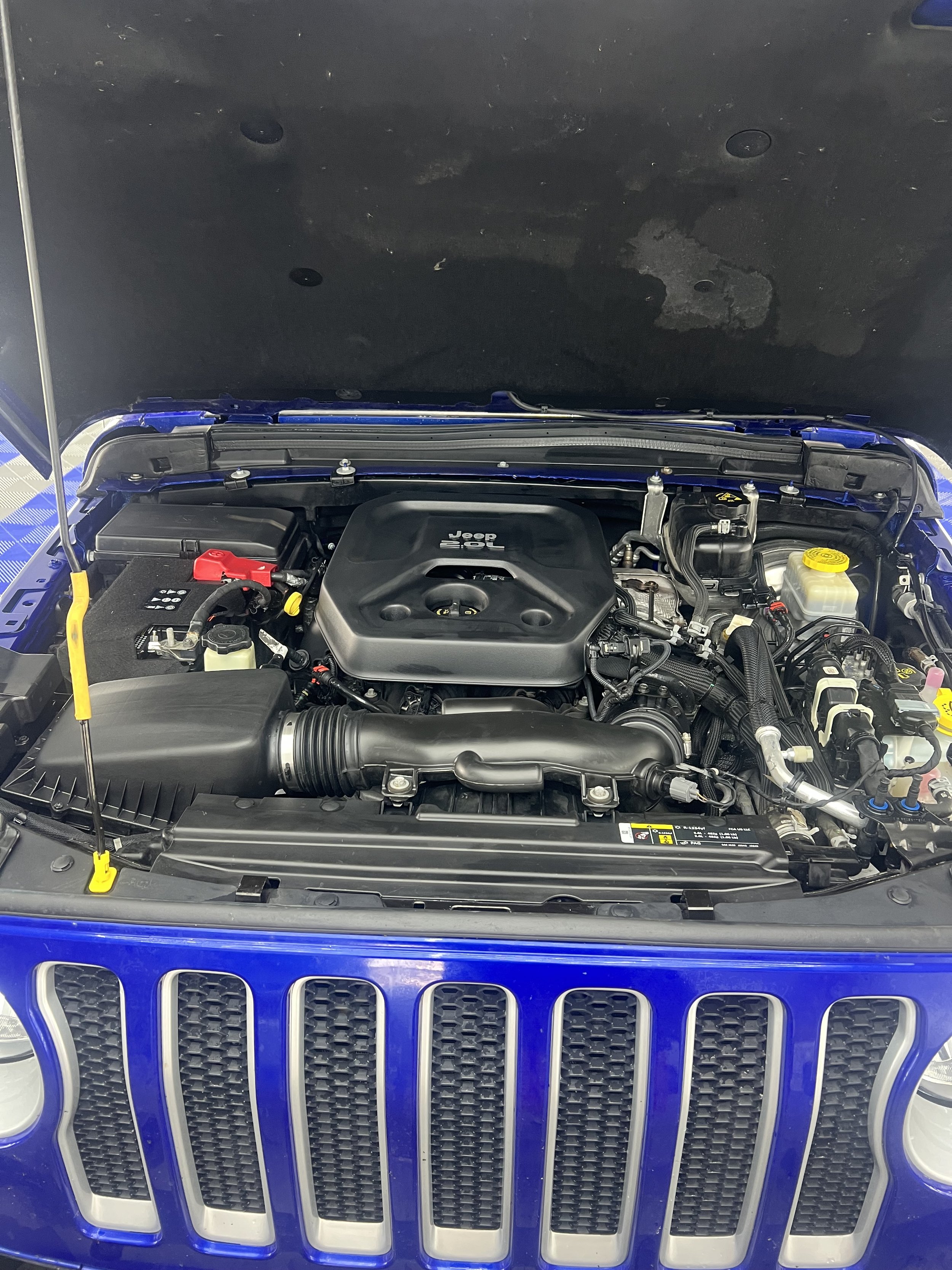 Engine bay after detailing, displaying a spotless and dressed engine compartment."